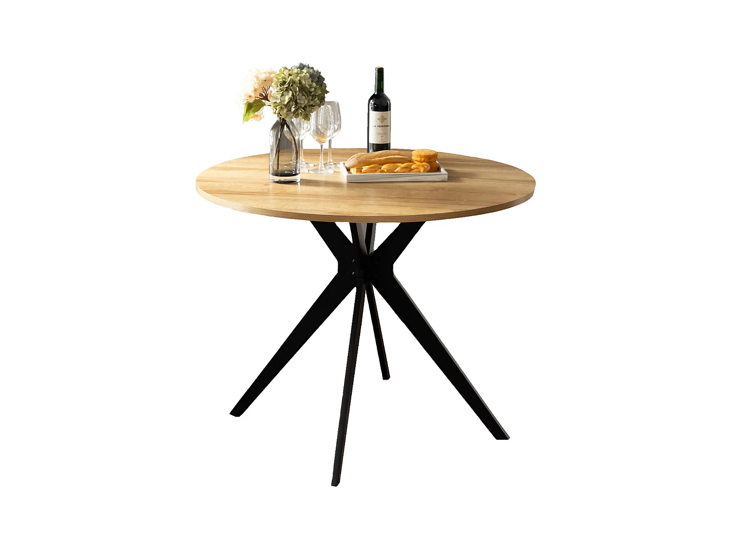 Table à manger ronde 4 à 6 personnes style industriel plateau imitation chêne et pieds en acier noir, CLIFTX