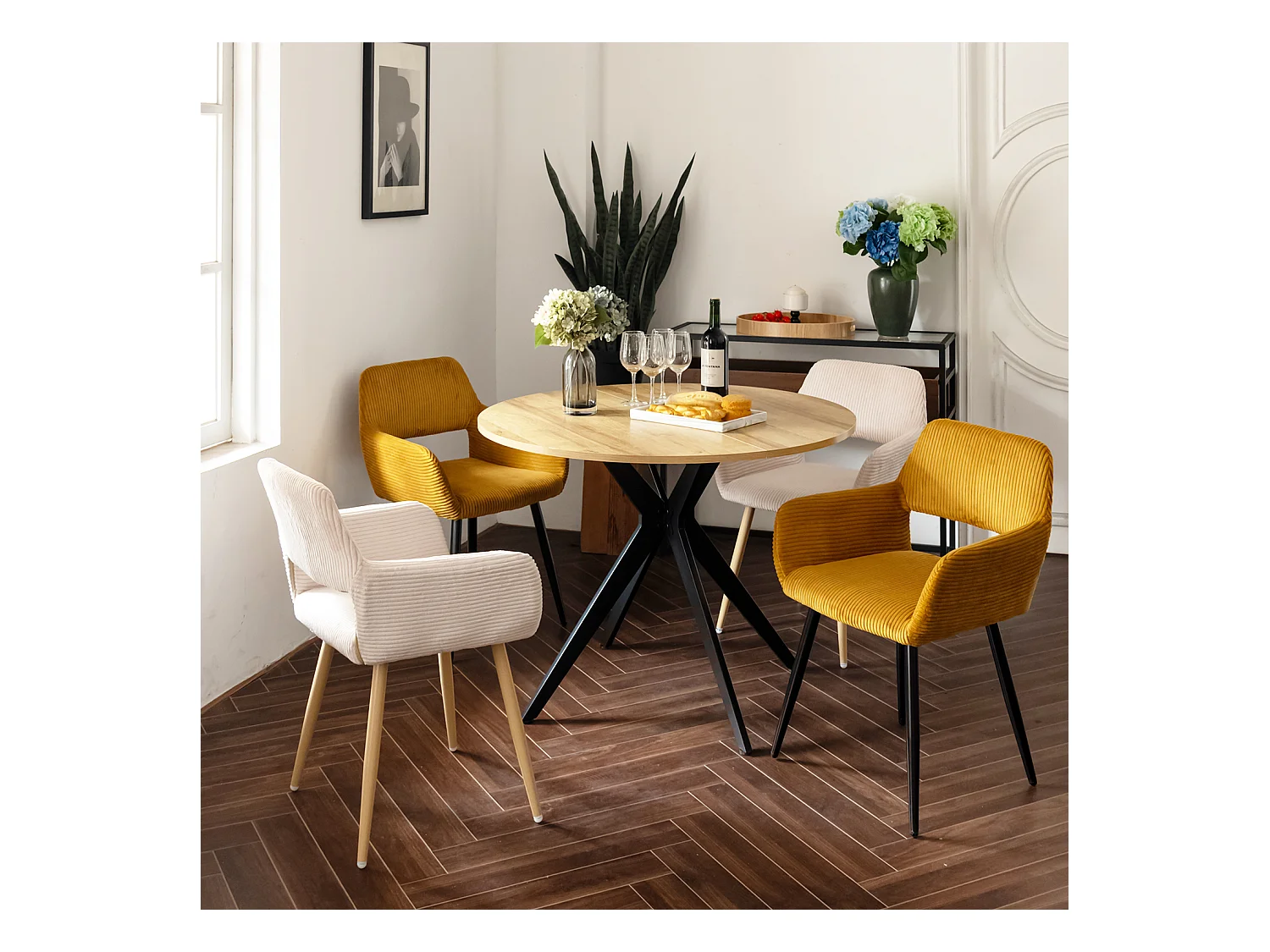 Table à manger ronde 4 à 6 personnes style industriel plateau imitation chêne et pieds en acier noir, CLIFTX