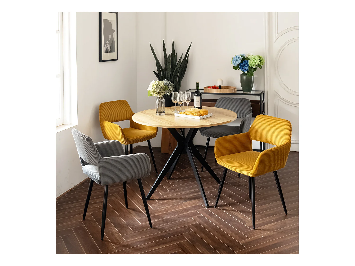 Table à manger ronde 4 à 6 personnes style industriel plateau imitation chêne et pieds en acier noir, CLIFTX