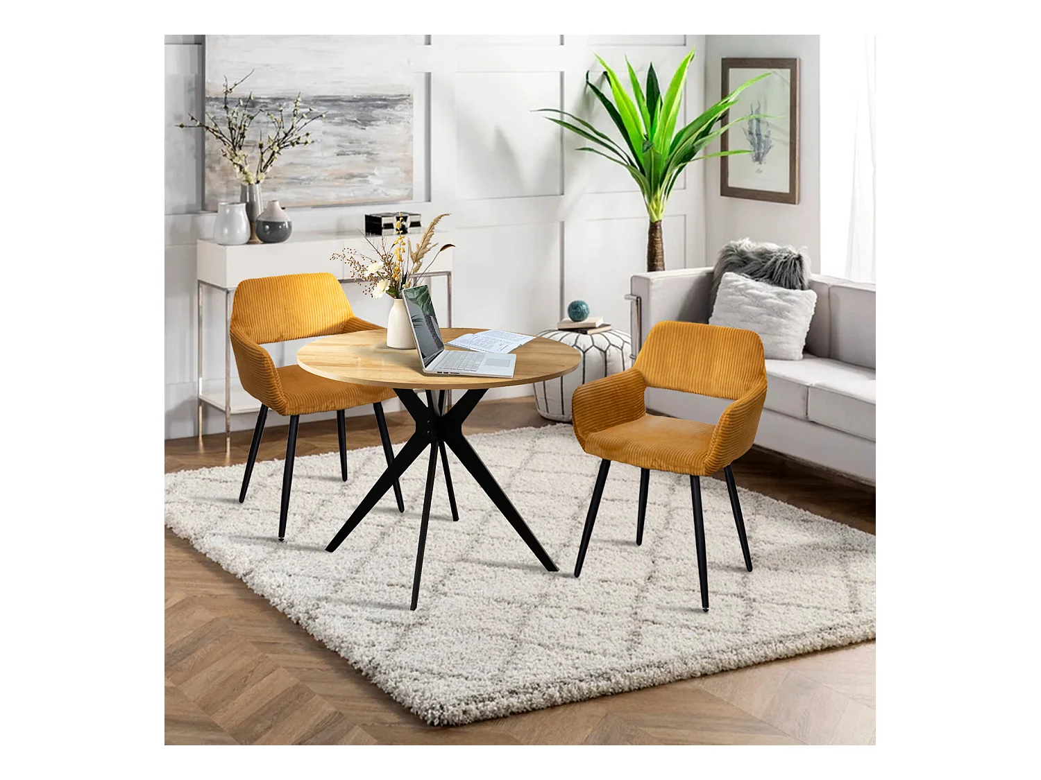 Table à manger ronde 4 à 6 personnes style industriel plateau imitation chêne et pieds en acier noir, CLIFTX