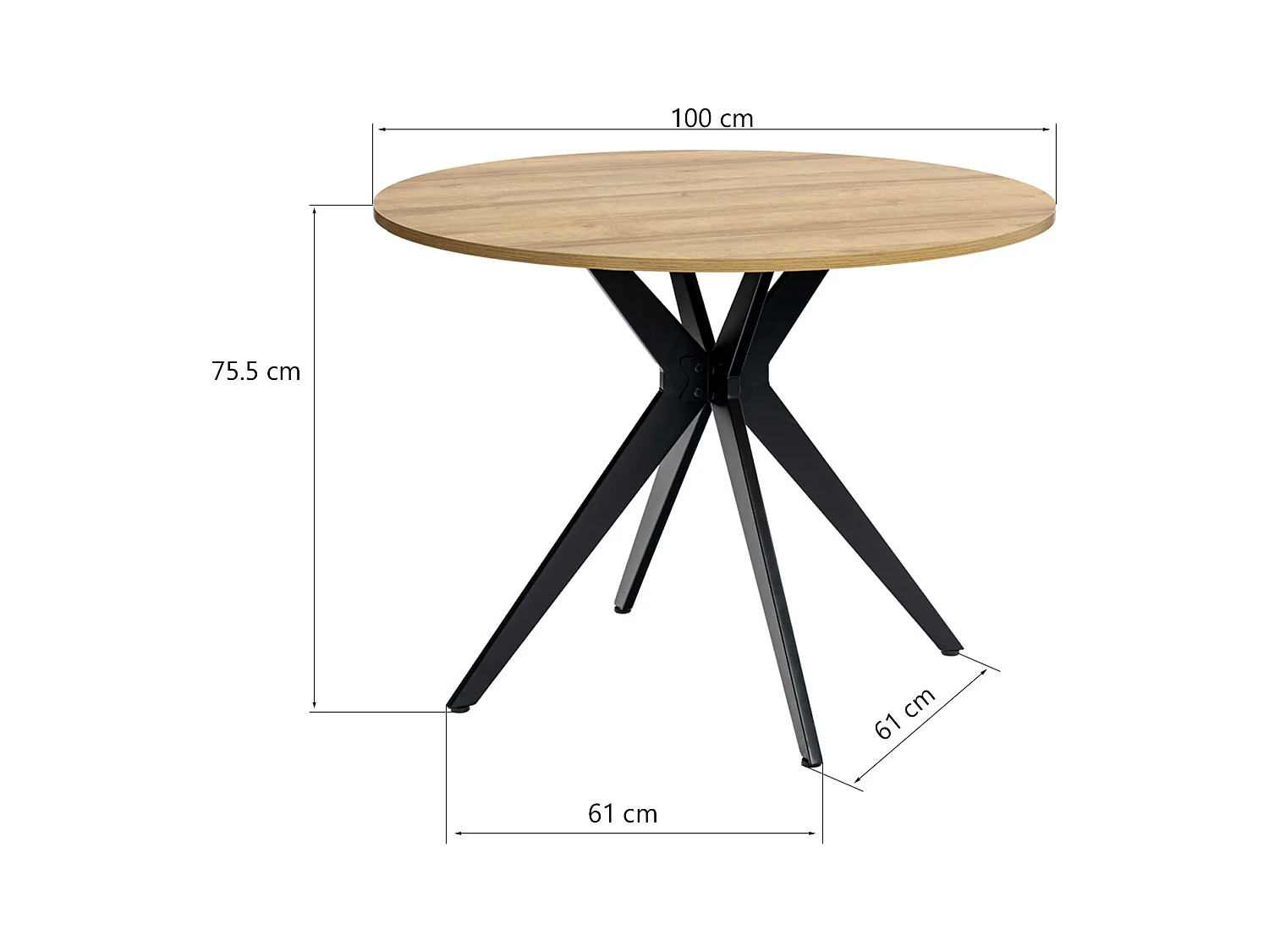 Table à manger ronde 4 à 6 personnes style industriel plateau imitation chêne et pieds en acier noir, CLIFTX