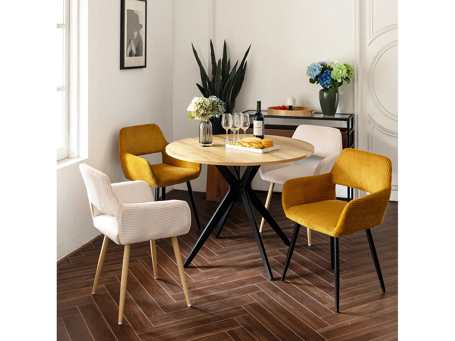 Table à manger ronde 4 à 6 personnes style industriel plateau imitation chêne et pieds en acier noir, CLIFTX