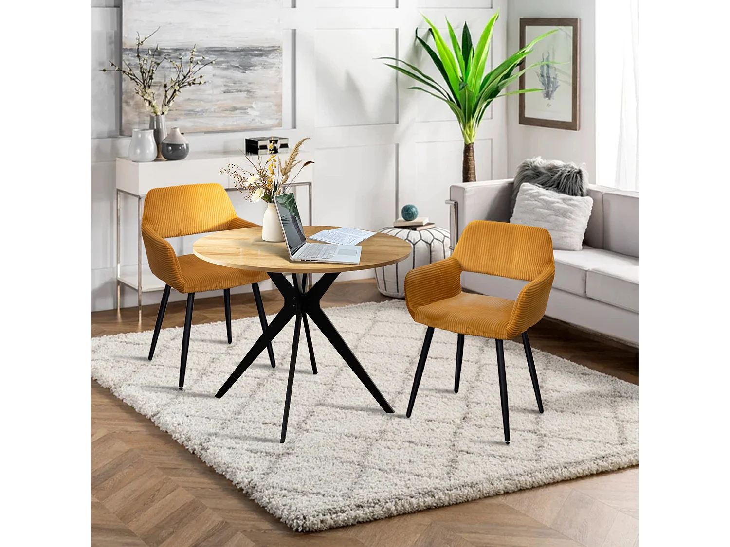 Table à manger ronde 4 à 6 personnes style industriel plateau imitation chêne et pieds en acier noir, CLIFTX