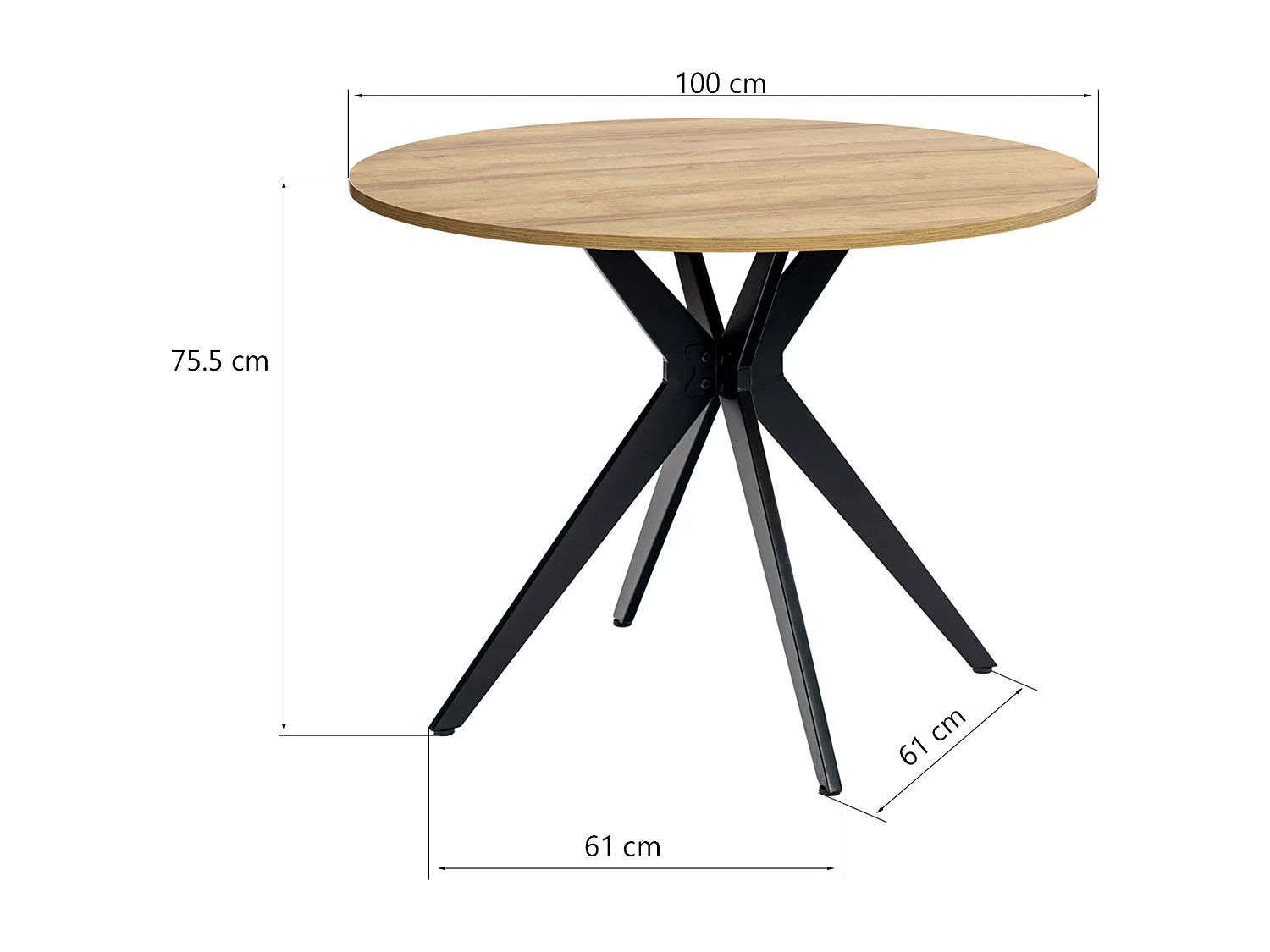 Table à manger ronde 4 à 6 personnes style industriel plateau imitation chêne et pieds en acier noir, CLIFTX