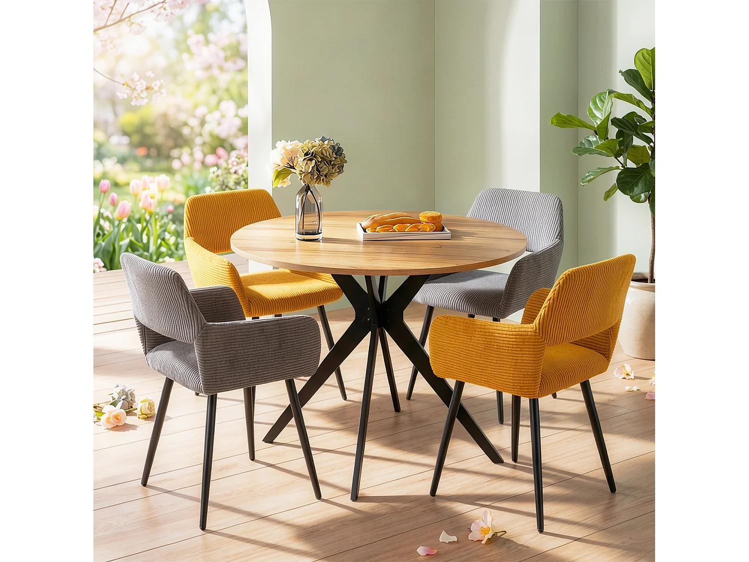 Table à manger ronde 4 à 6 personnes style industriel plateau imitation chêne, CLIFTX