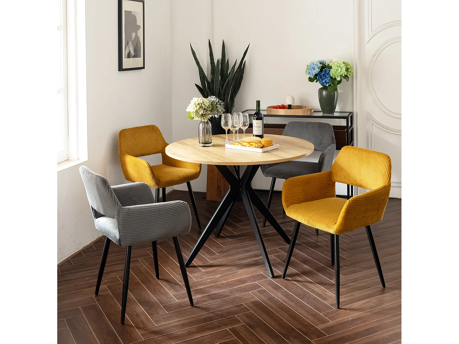 Table à manger ronde 4 à 6 personnes style industriel plateau imitation chêne, CLIFTX