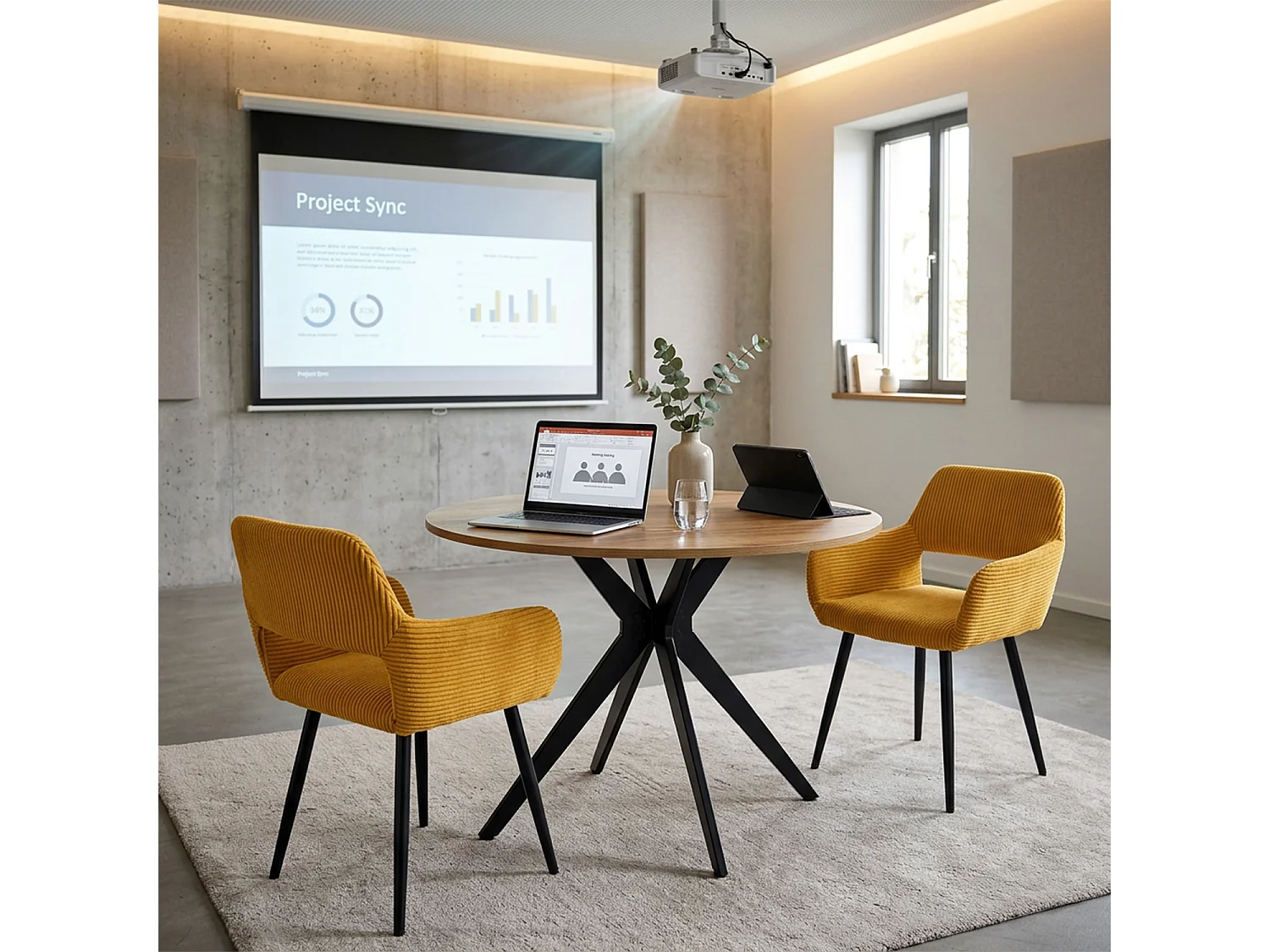 Table à manger ronde 4 à 6 personnes style industriel plateau imitation chêne, CLIFTX