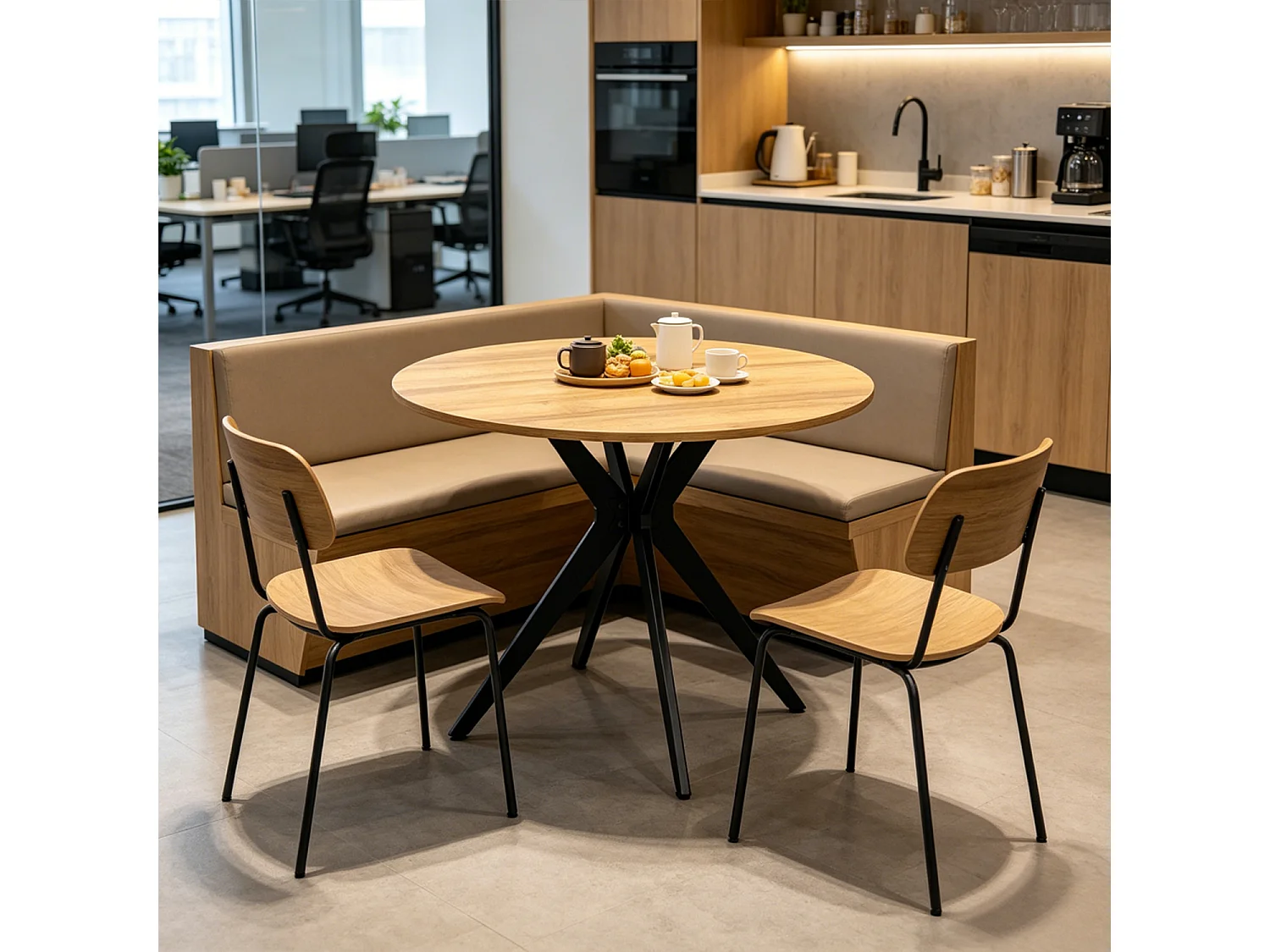 Table à manger ronde 4 à 6 personnes style industriel plateau imitation chêne, CLIFTX