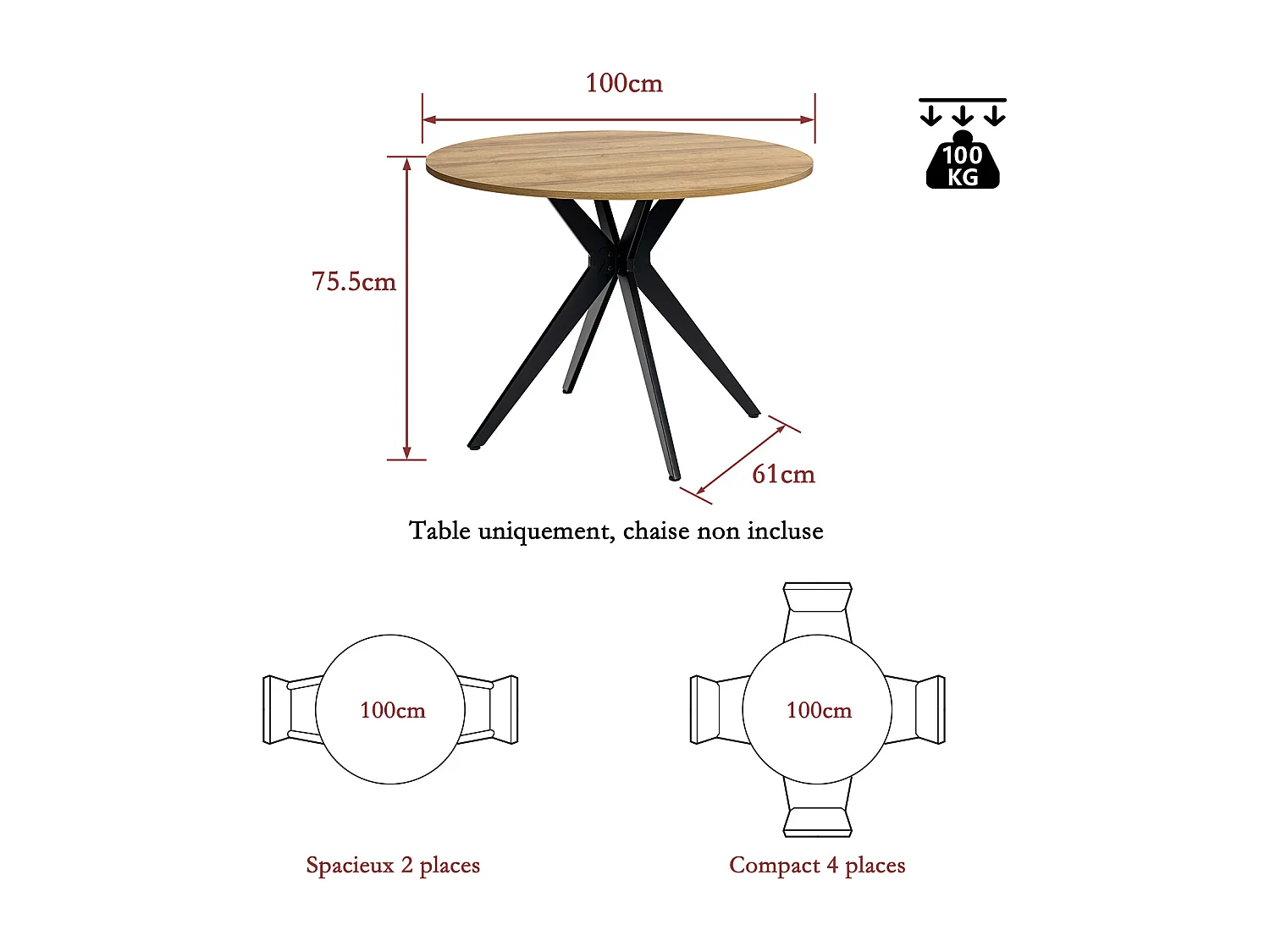 Table à manger ronde 4 à 6 personnes style industriel plateau imitation chêne, CLIFTX