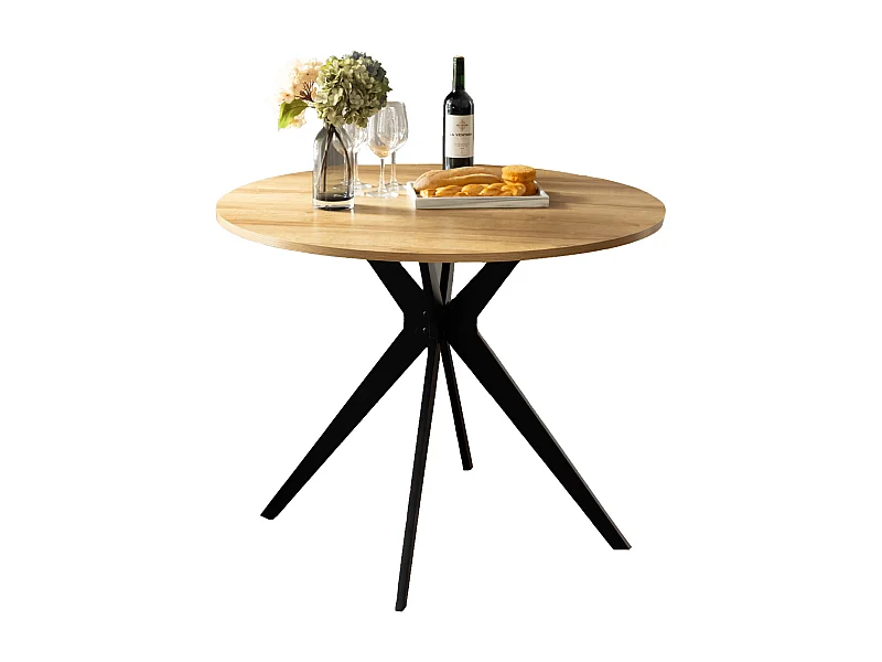 Table à manger ronde 4 à 6 personnes style industriel plateau imitation chêne et pieds en acier noir, CLIFTX