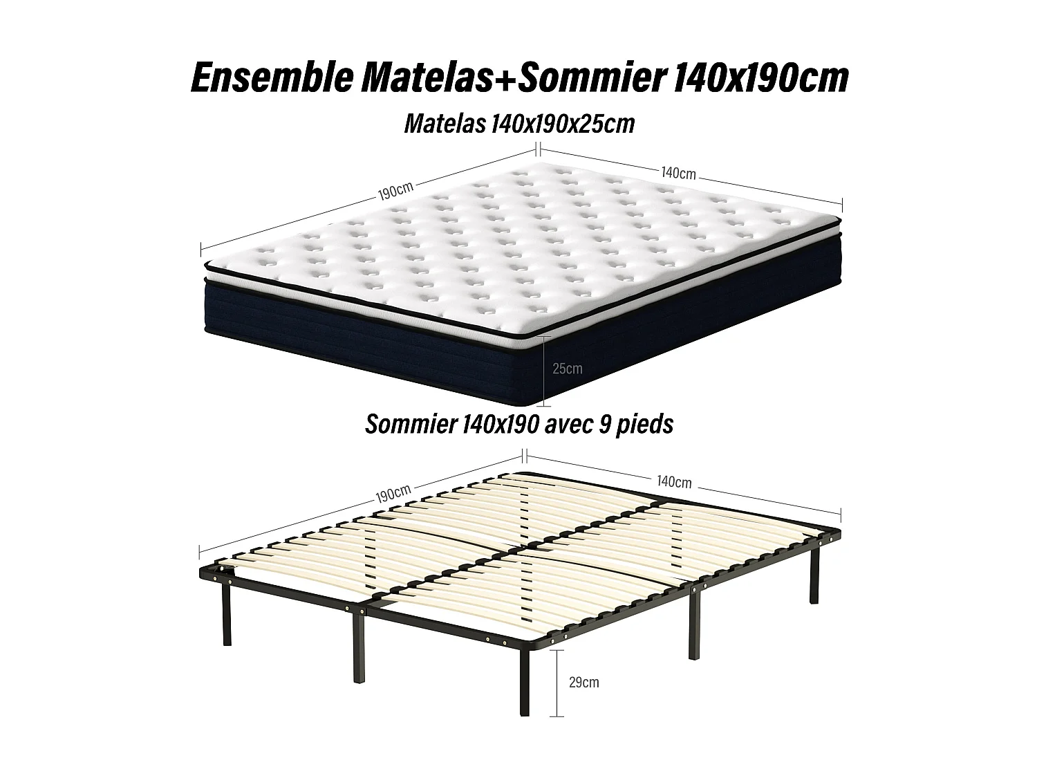 Ensemble Matelas à ressorts +Sommier à Lattes sur Pieds, 140x190cm, Epaisseur du Matelas 25cm