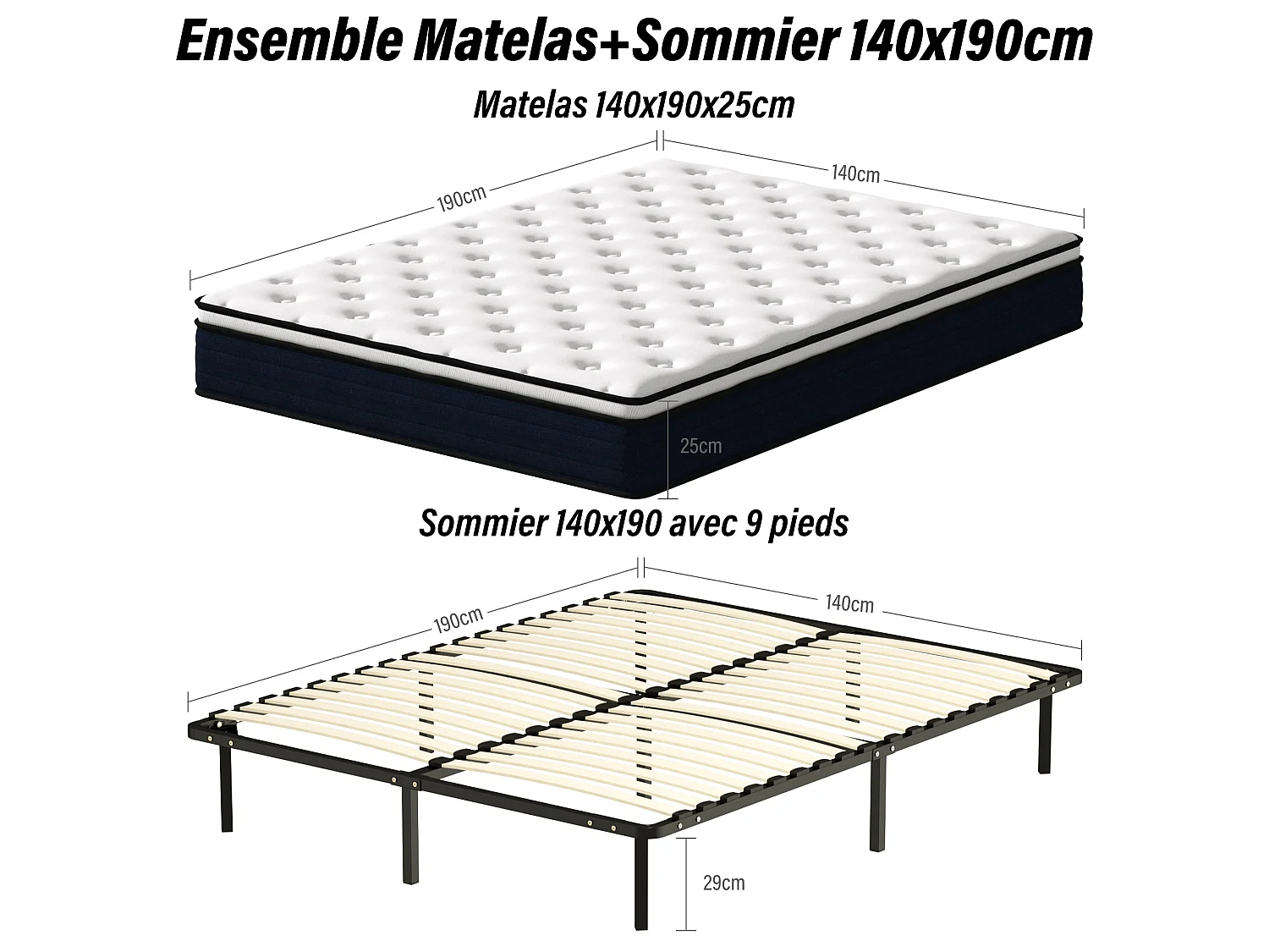 Ensemble 140x190cm Matelas à ressorts +Sommier à Lattes sur Pieds, Epaisseur du Matelas 25cm