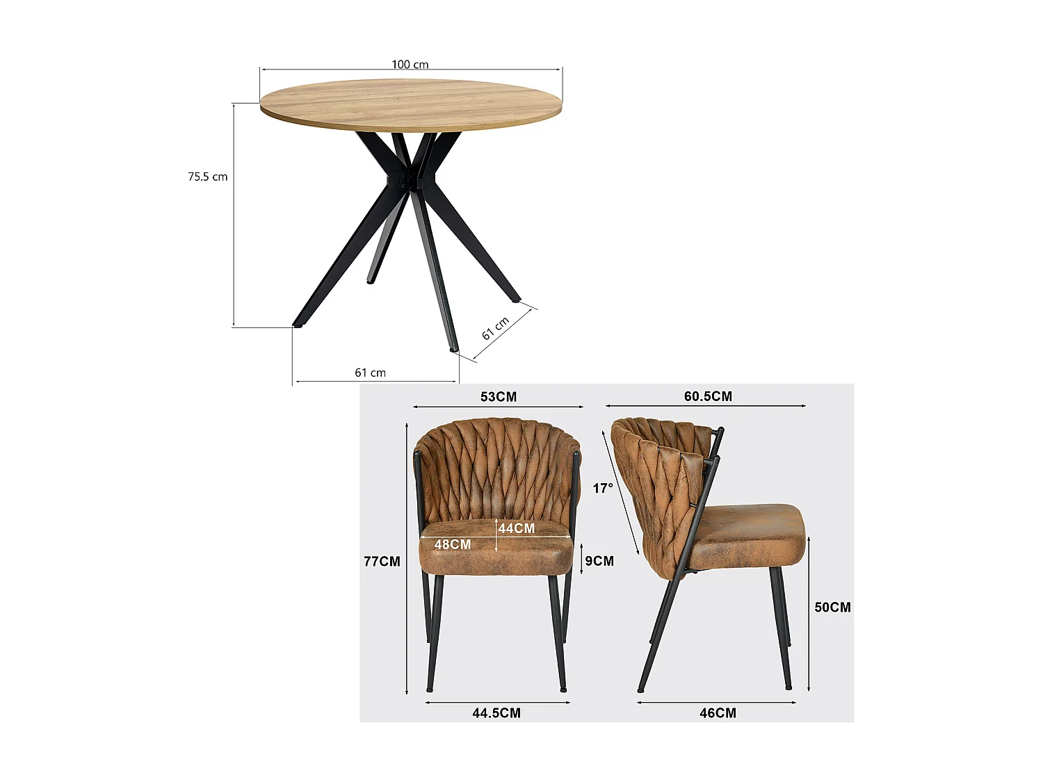 Ensemble de table à manger ronde avec 4 chaises, CLIFTOAKXSET