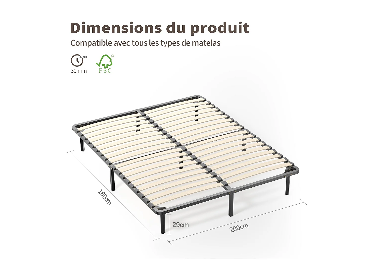 Set met springverenmatras + lattenbodem met brede latten 140 x 190 cm, dikte van de matras 25 cm