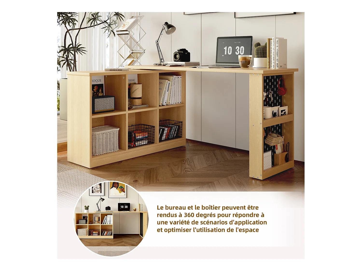 Bureau d’angle rotatif multifonction avec 6 compartiments de rangement style scandinave, DORRY