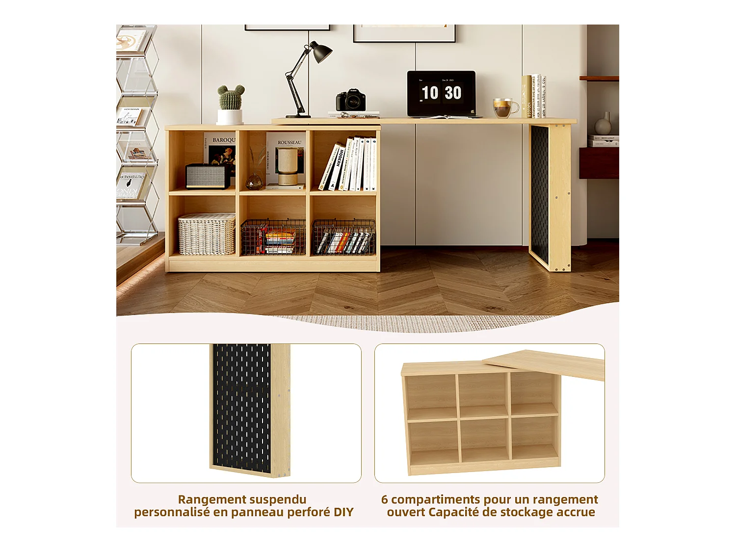 Bureau d’angle rotatif multifonction avec 6 compartiments de rangement style scandinave, DORRY