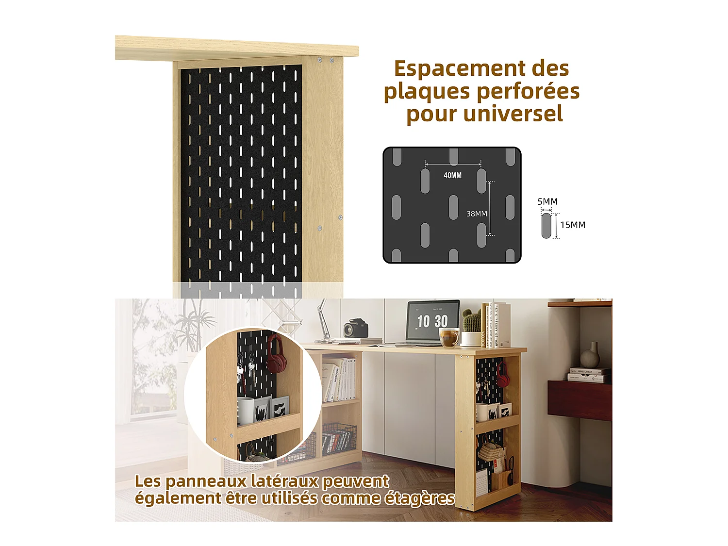 Bureau d’angle rotatif multifonction avec 6 compartiments de rangement style scandinave, DORRY