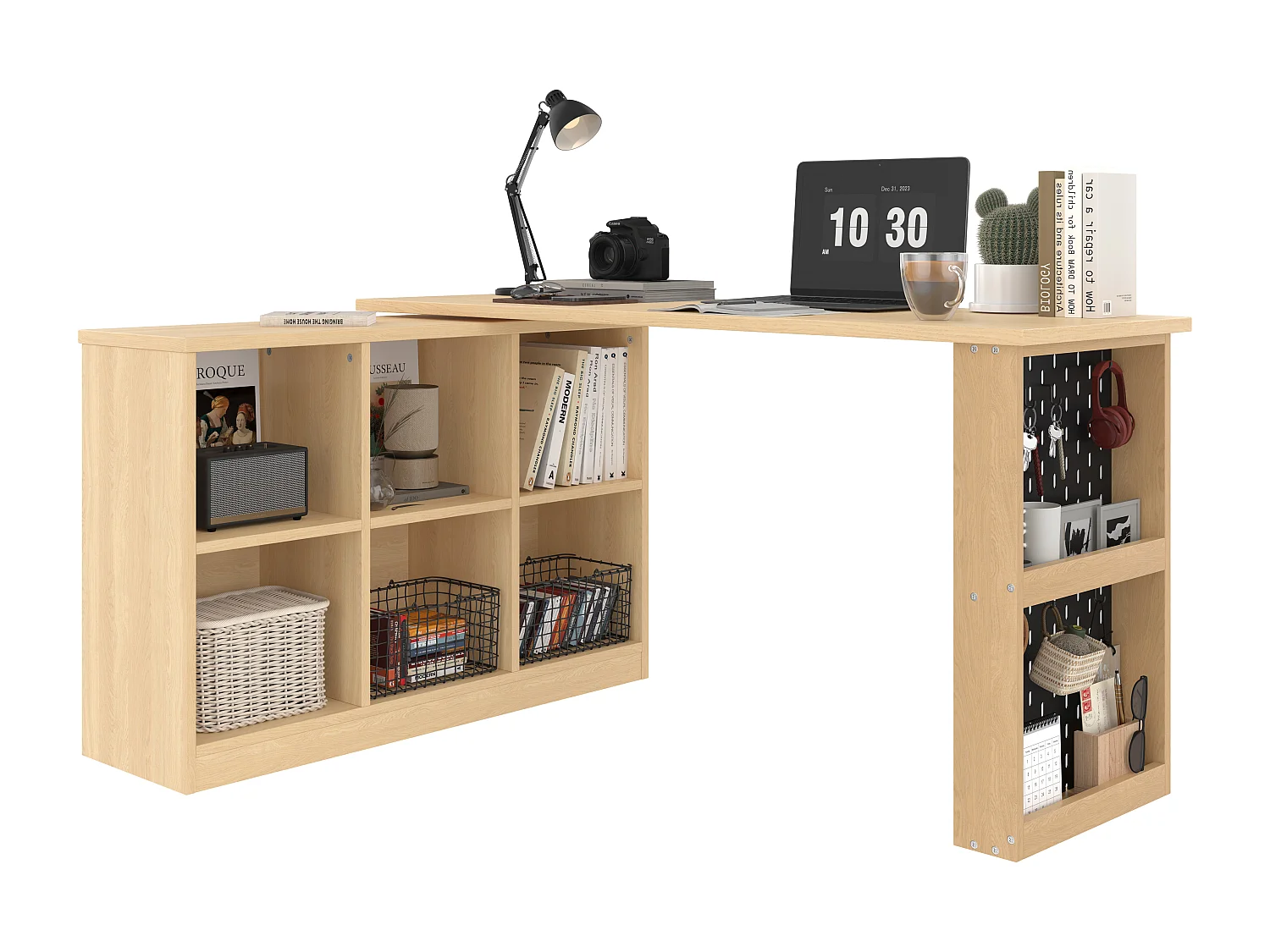 Bureau d’angle rotatif multifonction avec 6 compartiments de rangement style scandinave, DORRY