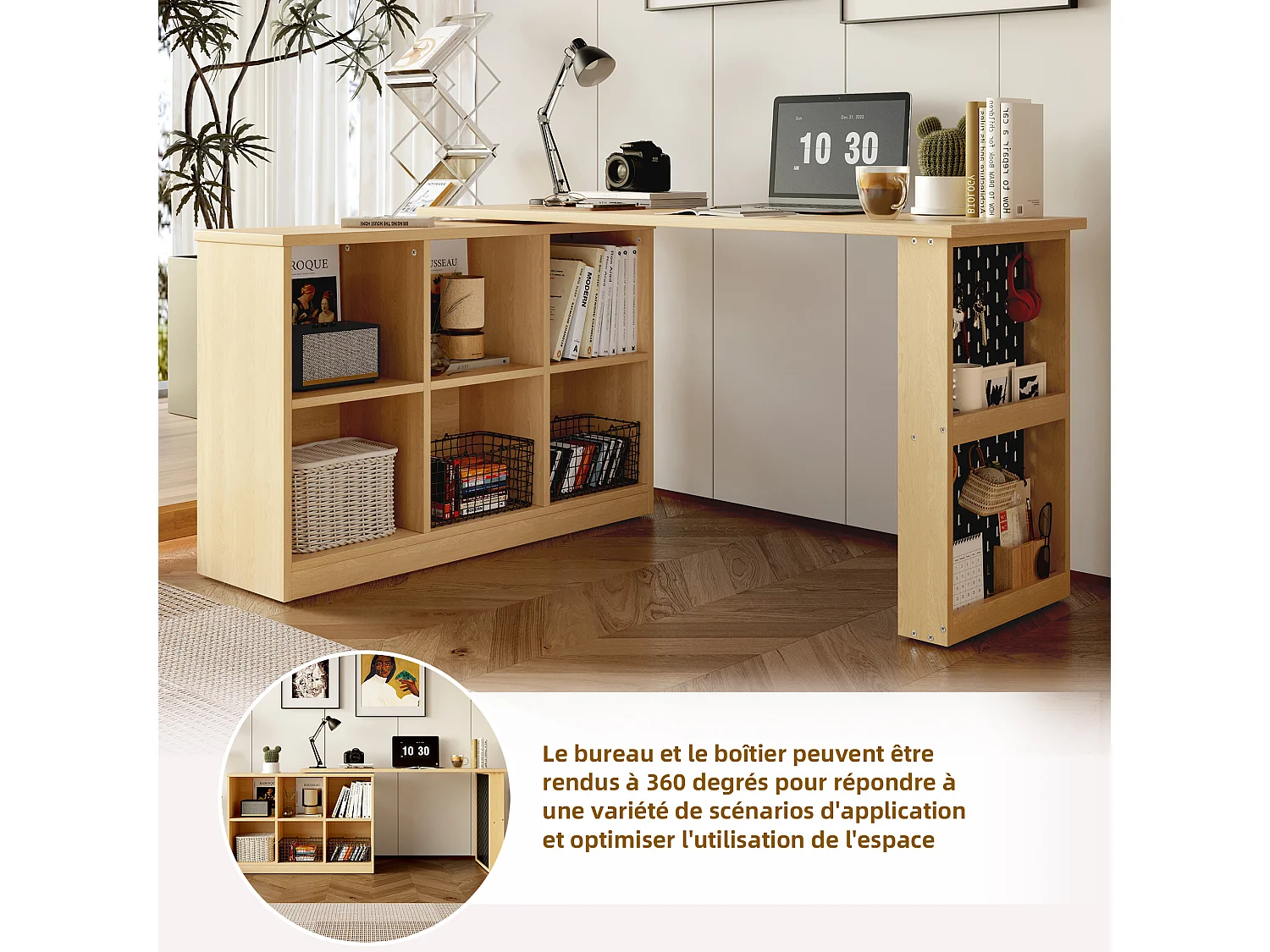 Bureau d’angle rotatif multifonction avec 6 compartiments de rangement style scandinave, DORRY