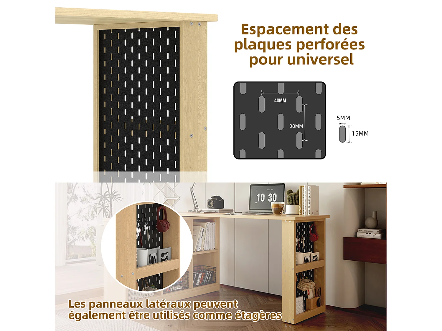 Bureau d’angle rotatif multifonction avec 6 compartiments de rangement style scandinave, DORRY