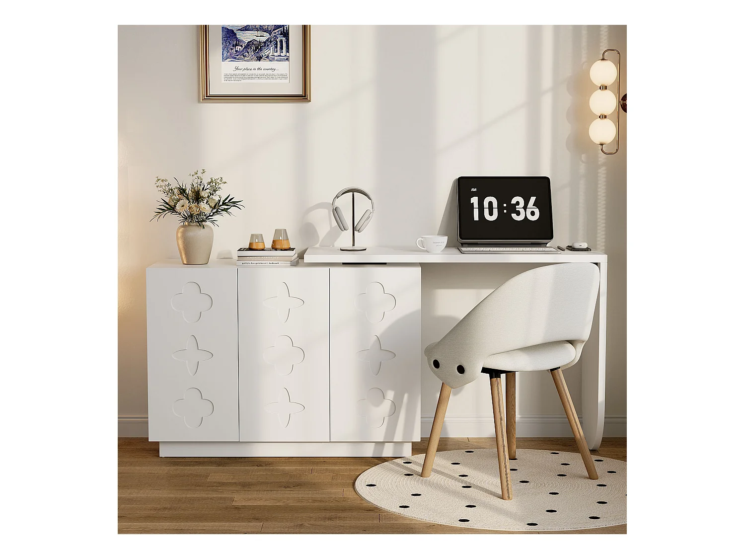 Bureau d’angle rotatif multifonction avec 3 tiroirs et rangement intégré, JO