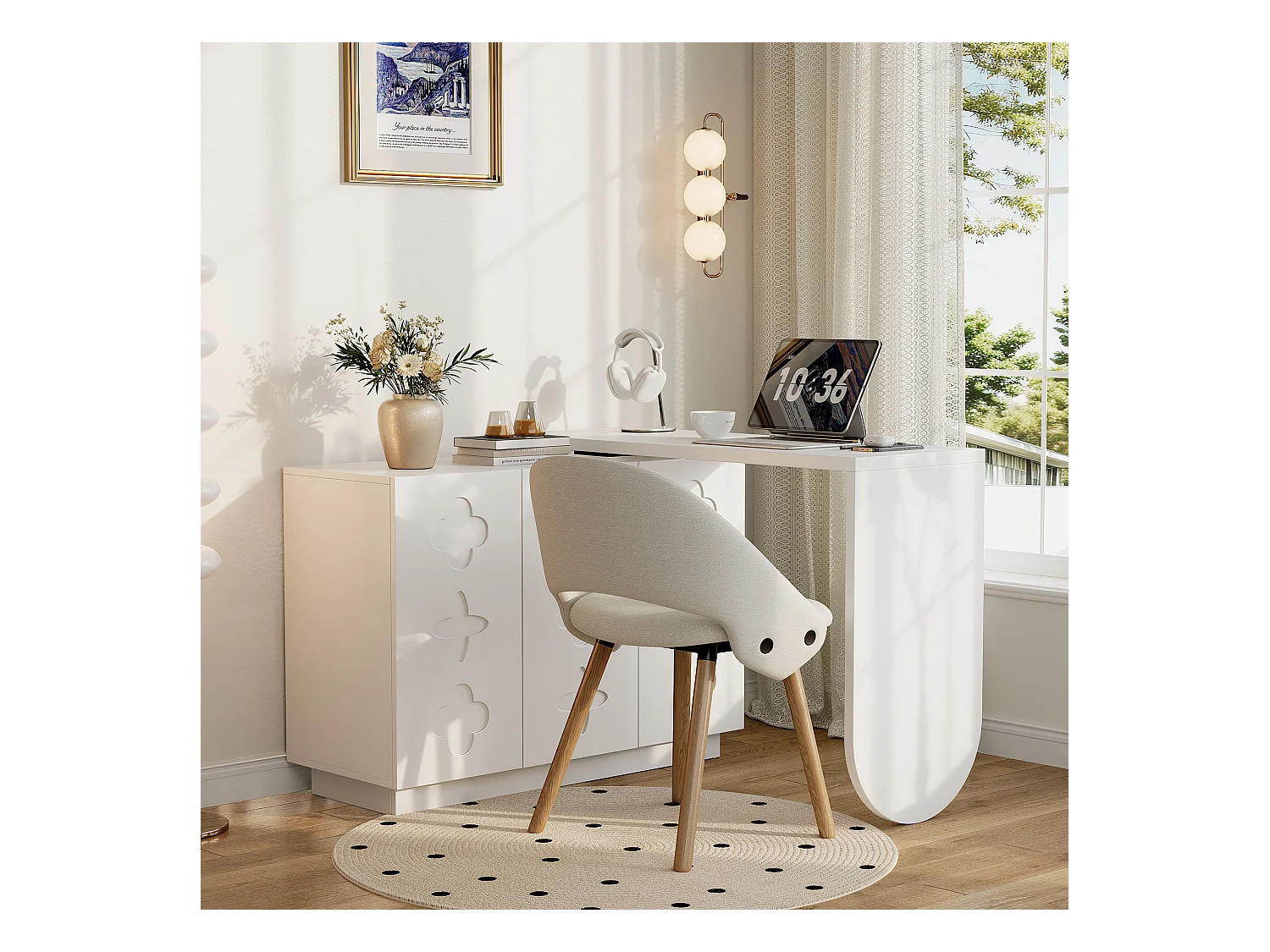 Bureau d’angle rotatif multifonction avec 3 tiroirs et rangement intégré, JO