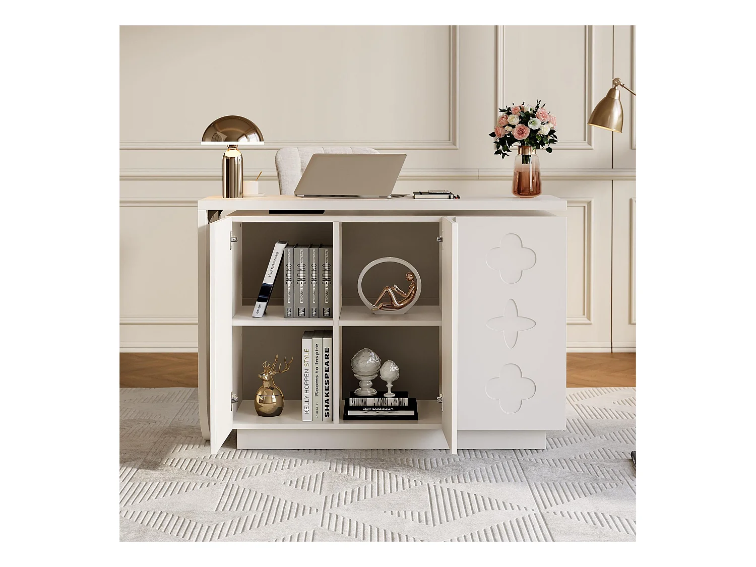 Bureau d’angle rotatif multifonction avec 3 tiroirs et rangement intégré, JO