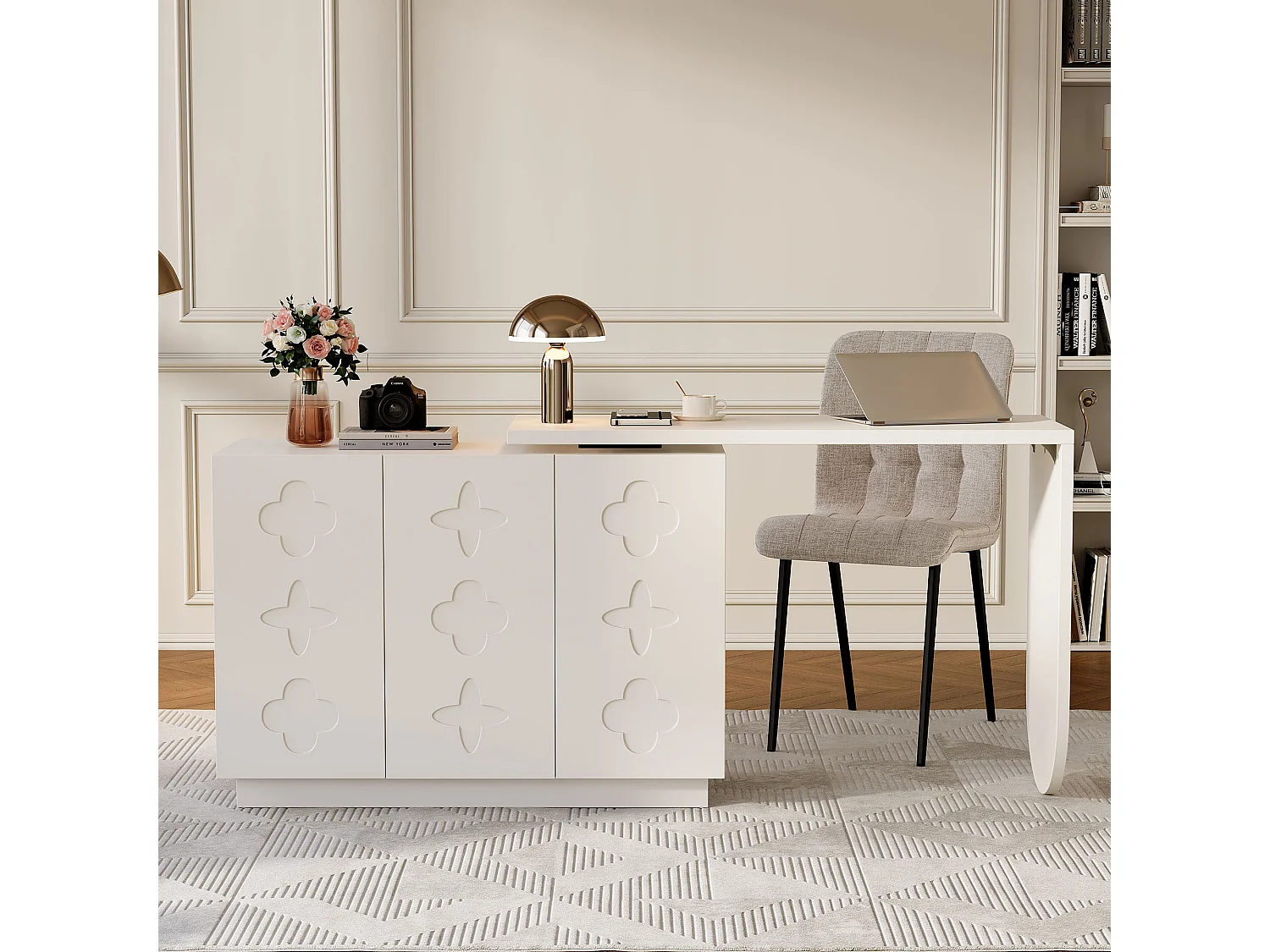 Bureau d’angle rotatif multifonction avec 3 tiroirs et rangement intégré, JO