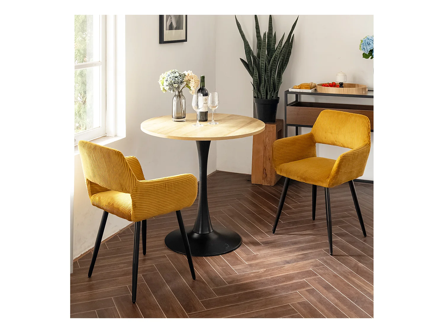 Table à manger ronde 2 à 4 personnes style industriel plateau imitation chêne et pieds en acier noir, CLIFT