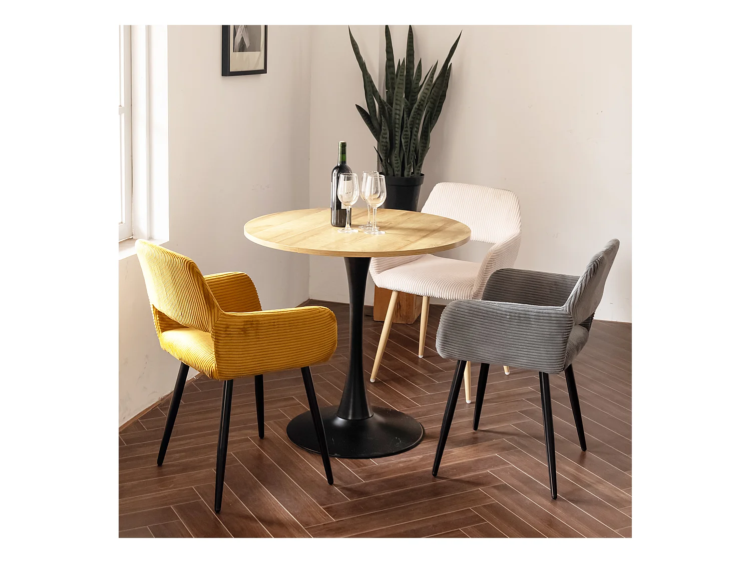 Table à manger ronde 2 à 4 personnes style industriel plateau imitation chêne et pieds en acier noir, CLIFT