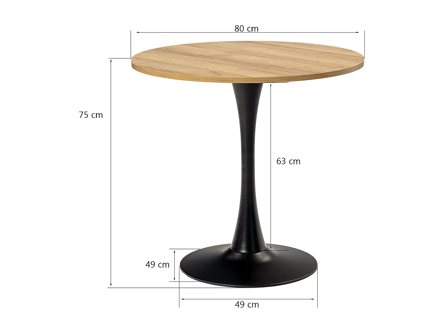 Table à manger ronde 2 à 4 personnes style industriel plateau imitation chêne et pieds en acier noir, CLIFT