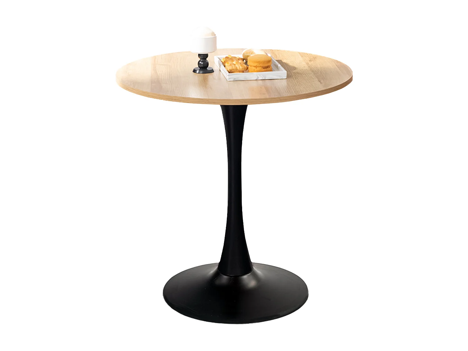 Table à manger ronde 2 à 4 personnes style industriel plateau imitation chêne et pieds en acier noir, CLIFT