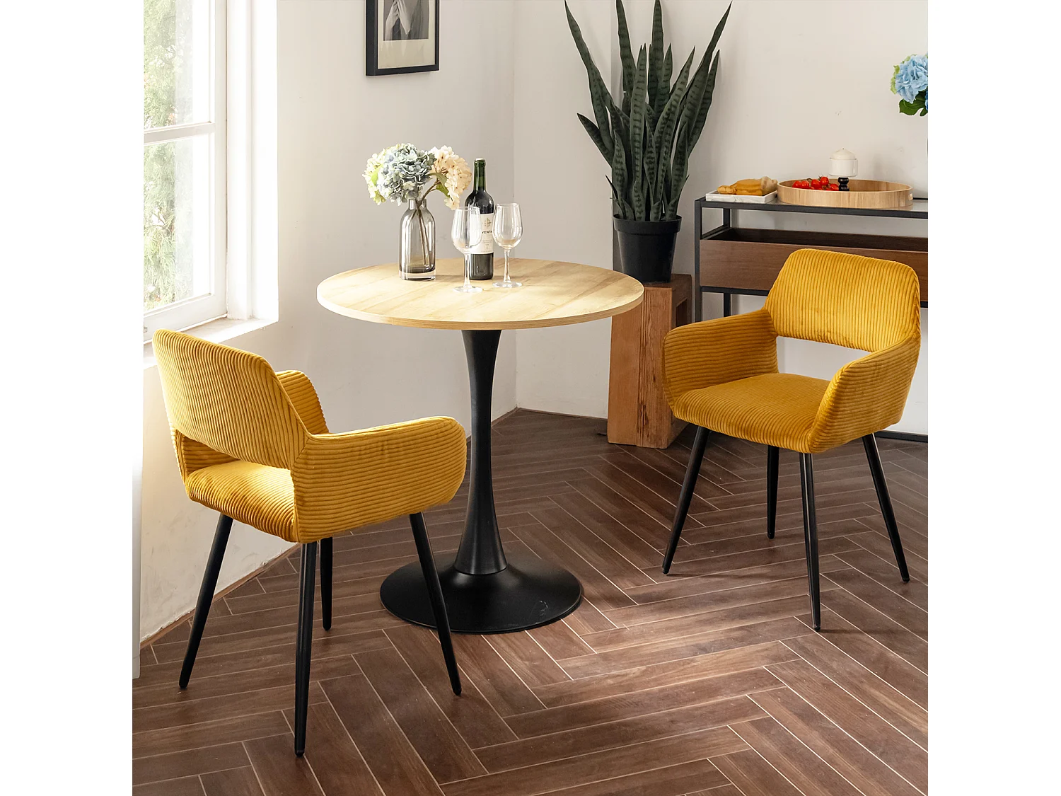 Table à manger ronde 2 à 4 personnes style industriel plateau imitation chêne et pieds en acier noir, CLIFT