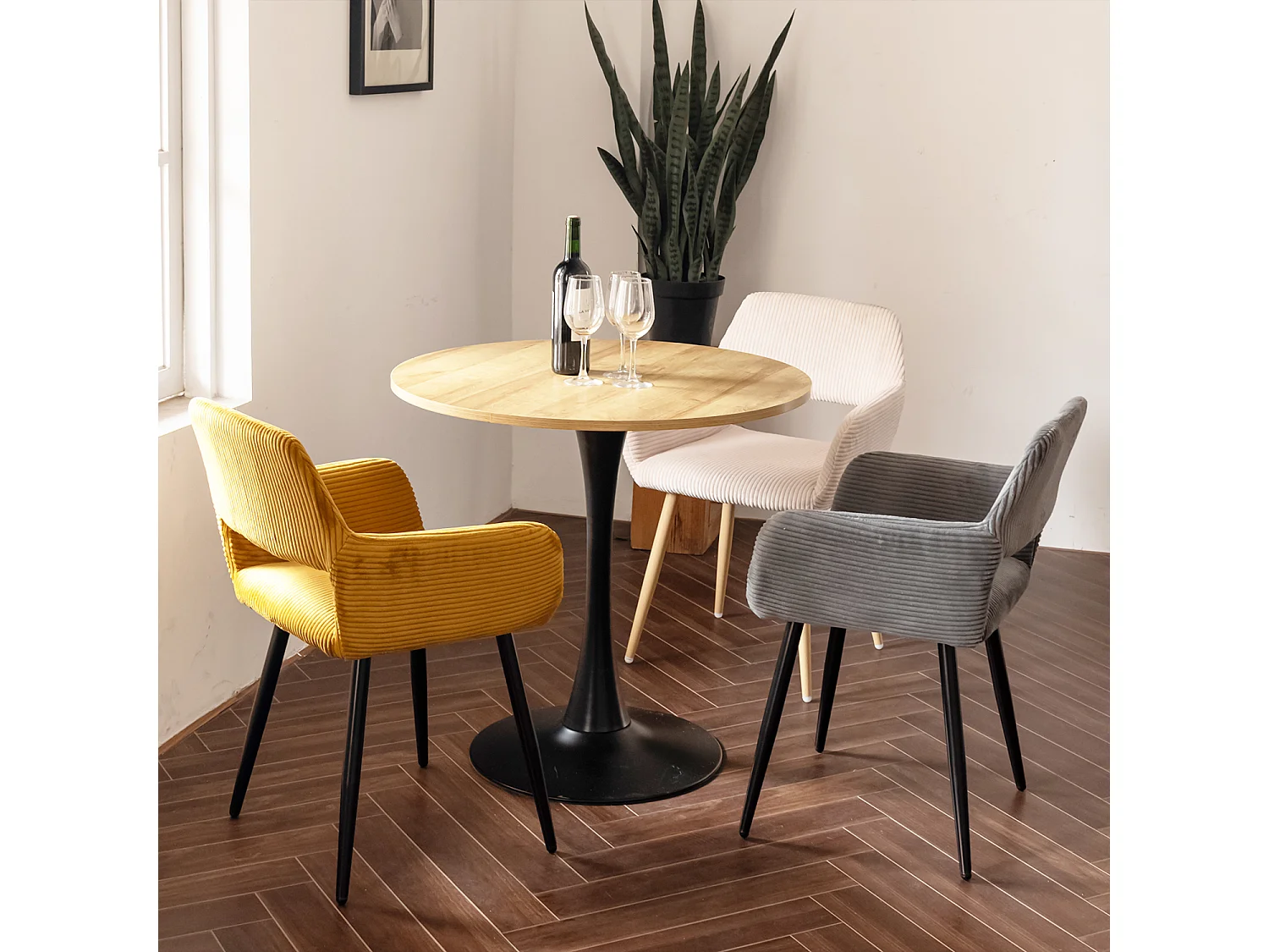 Table à manger ronde 2 à 4 personnes style industriel plateau imitation chêne et pieds en acier noir, CLIFT