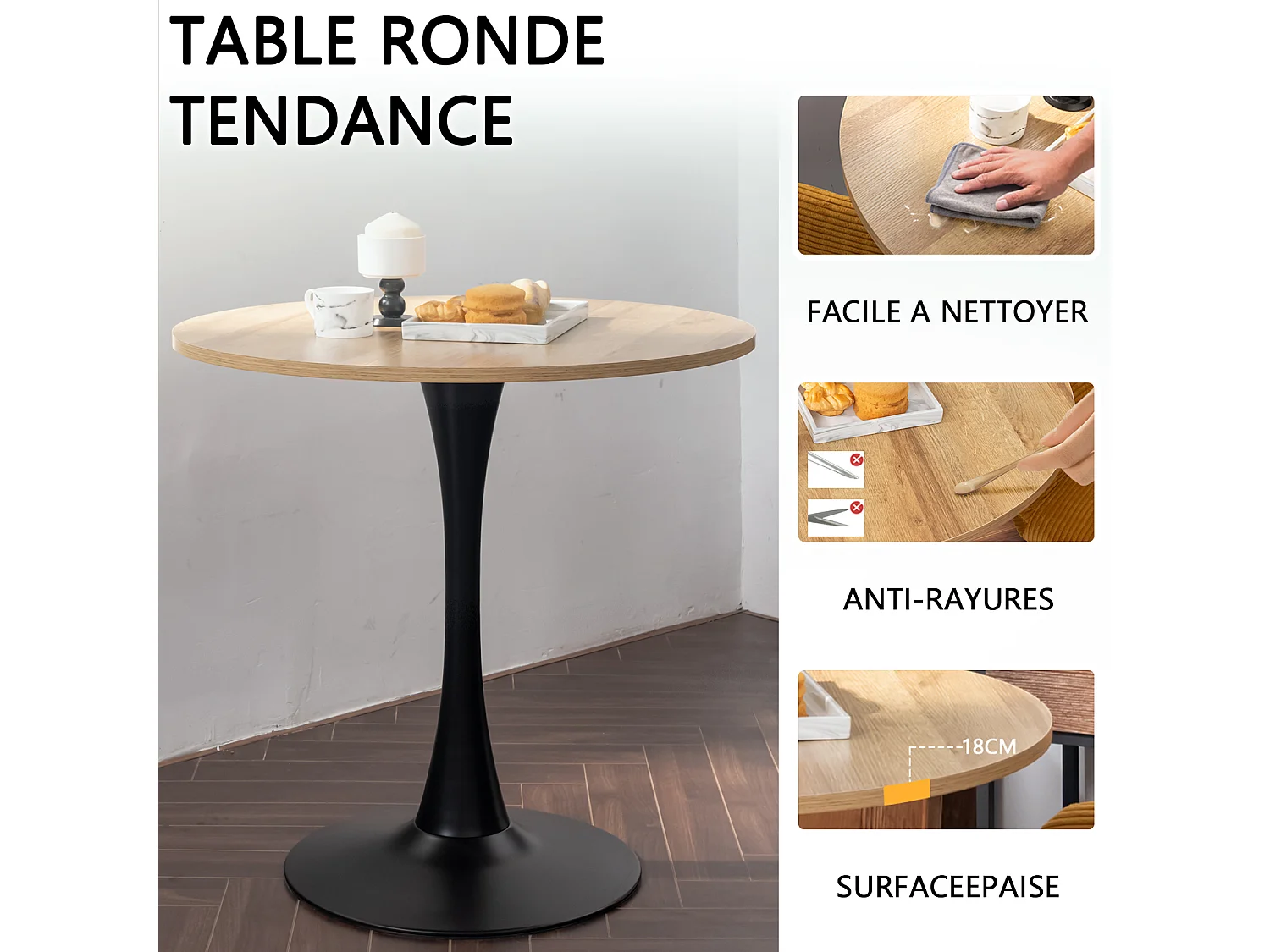 Table à manger ronde 2 à 4 personnes style industriel plateau imitation chêne et pieds en acier noir, CLIFT