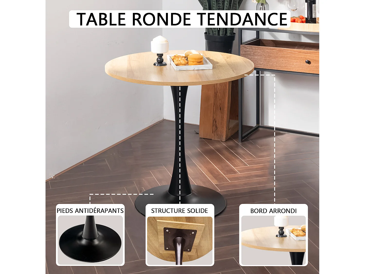 Table à manger ronde 2 à 4 personnes style industriel plateau imitation chêne et pieds en acier noir, CLIFT