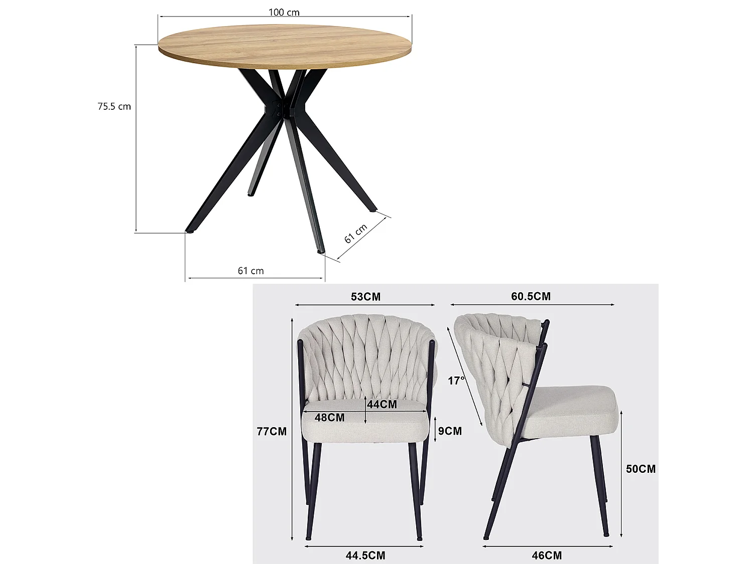 Ensemble de table à manger ronde avec 2 chaises, CLIFTOAKXSET3