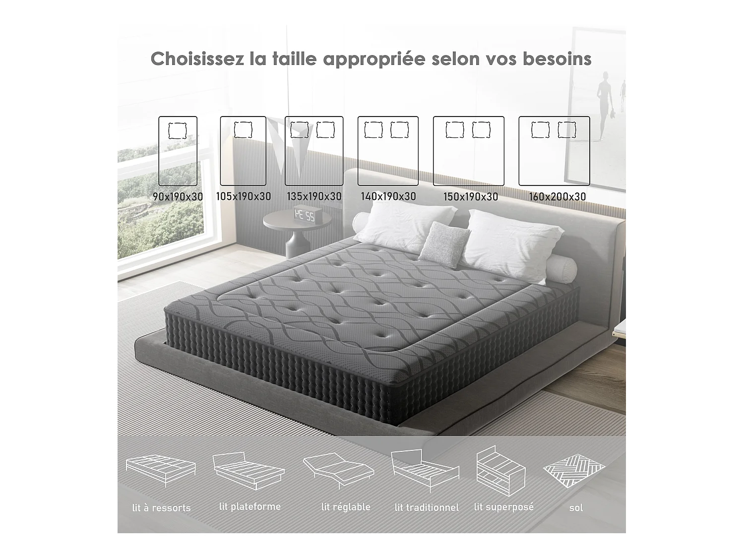 Matelas Ressorts 160x200 cm de Forme en Mousse et Ressorts, 30 cm Épaisseur