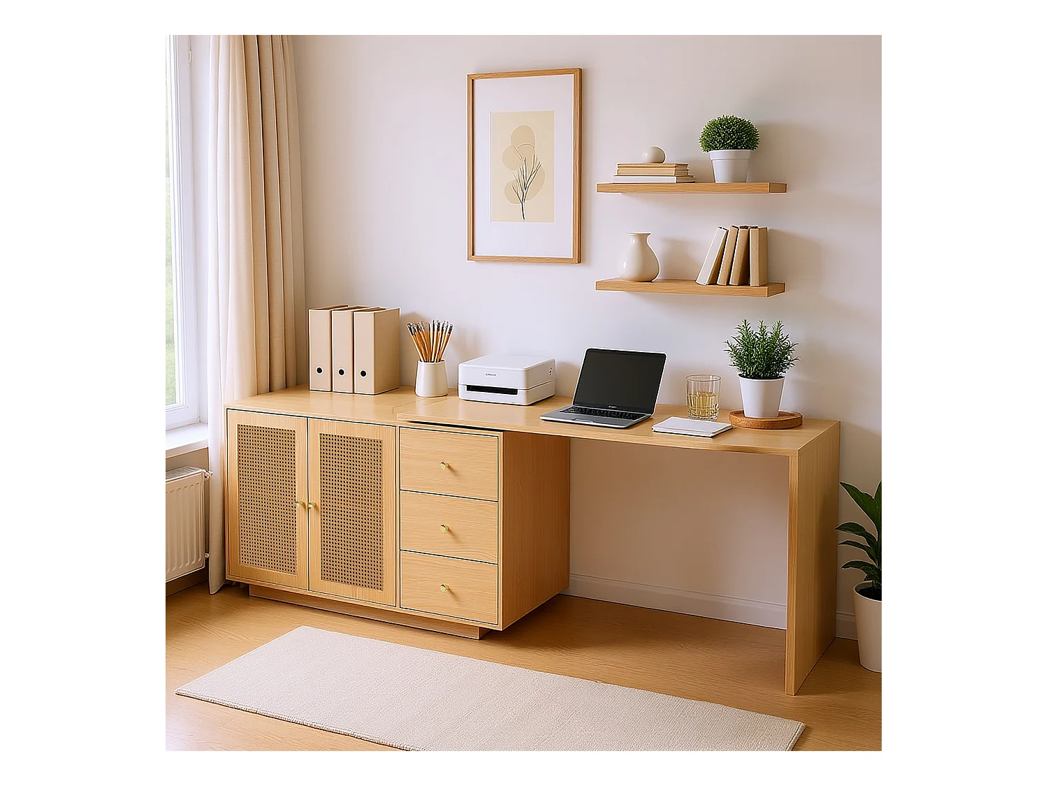 Bureau d’angle rotatif multifonction avec portes en rotin 3 tiroirs et rangement intégré, DICCPER