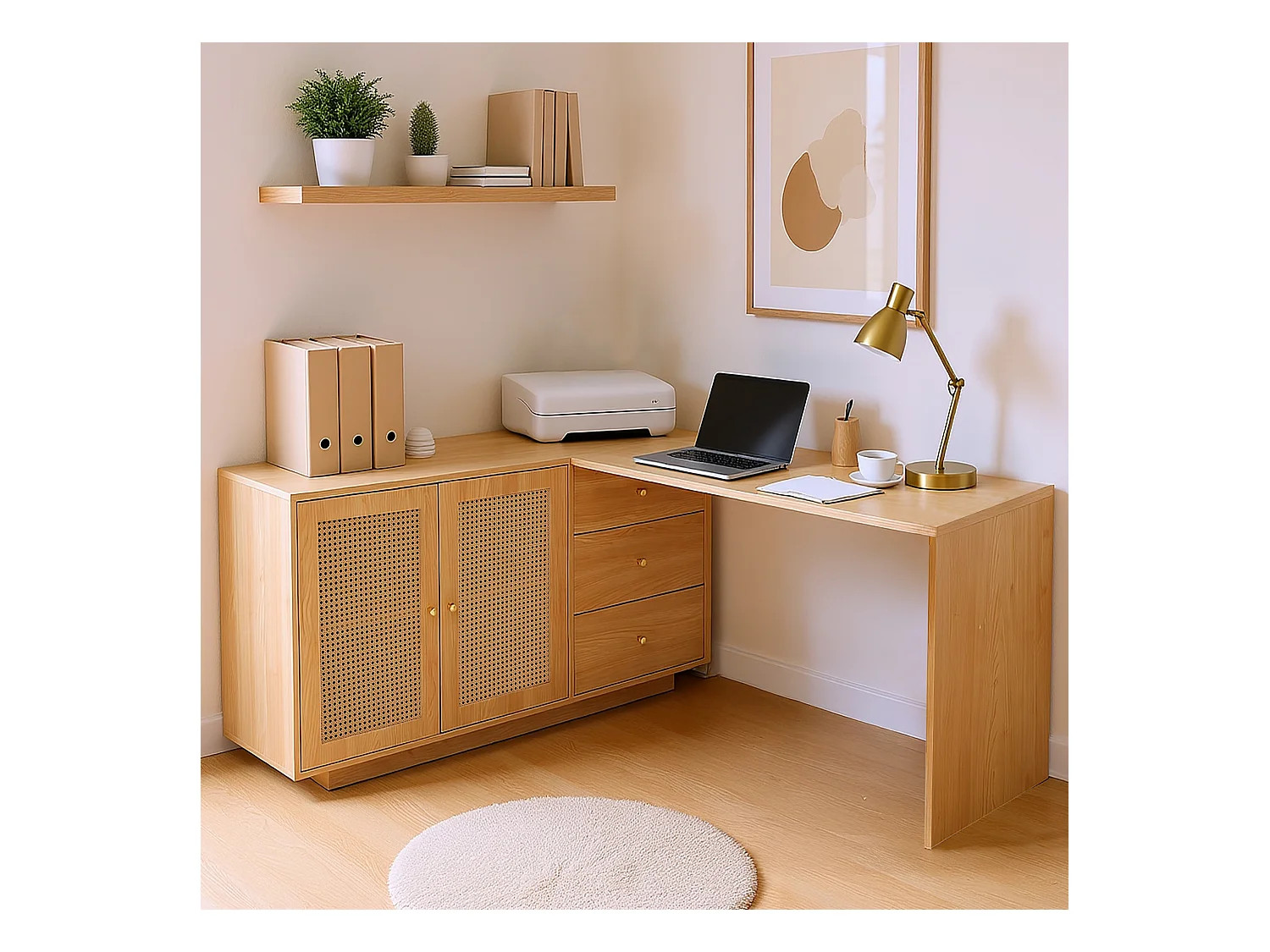 Bureau d’angle rotatif multifonction avec portes en rotin 3 tiroirs et rangement intégré, DICCPER