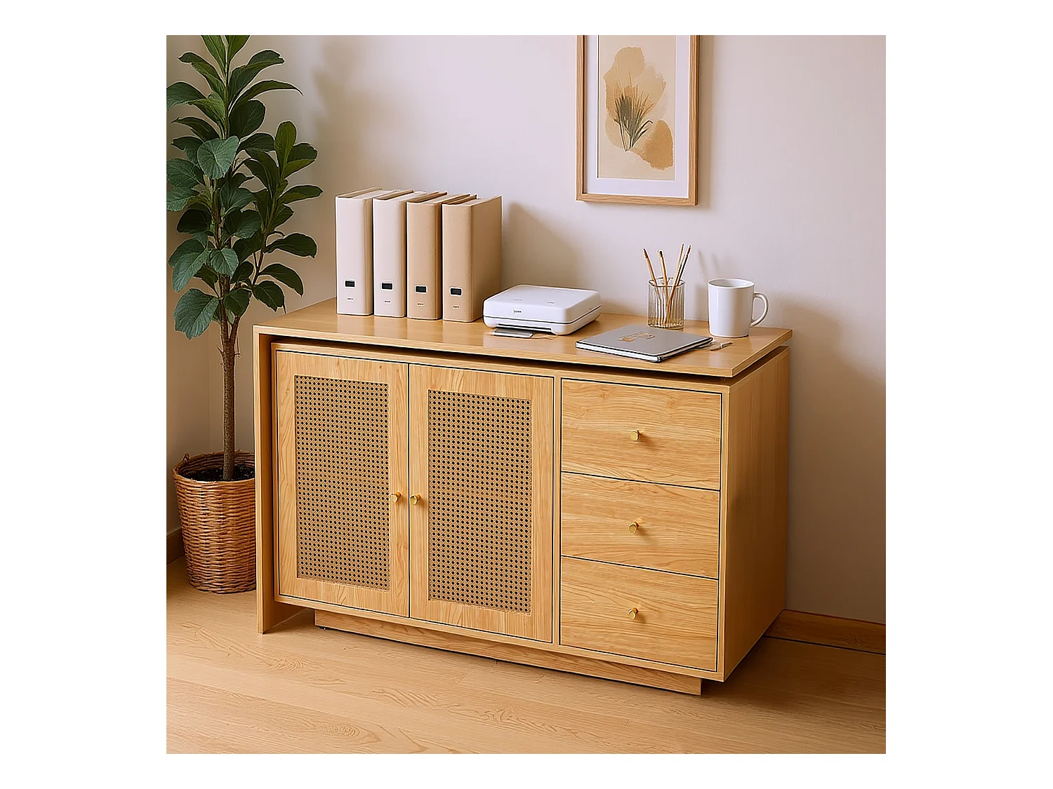 Bureau d’angle rotatif multifonction avec portes en rotin 3 tiroirs et rangement intégré, DICCPER