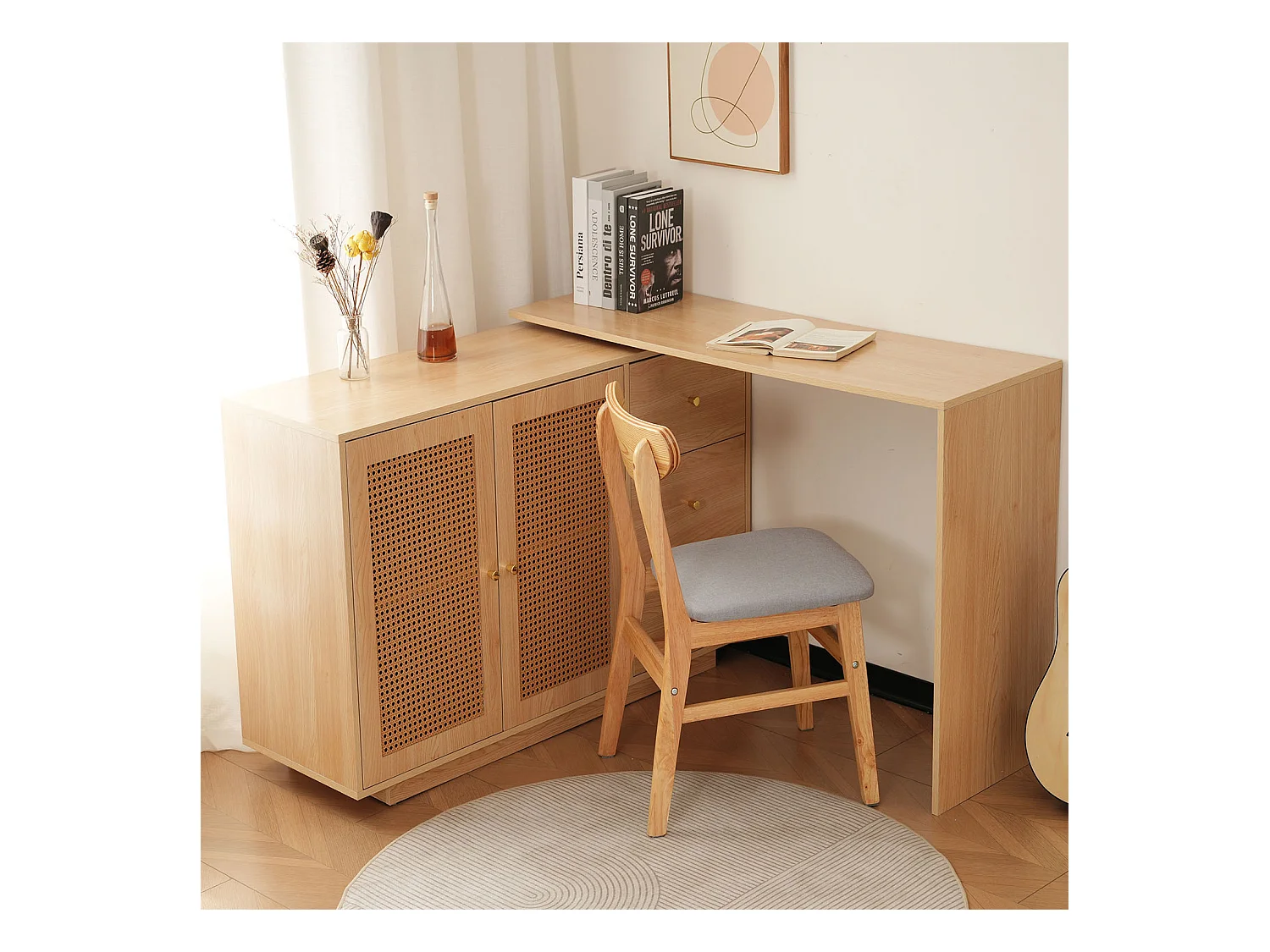 Bureau d’angle rotatif multifonction avec portes en rotin 3 tiroirs et rangement intégré, DICCPER