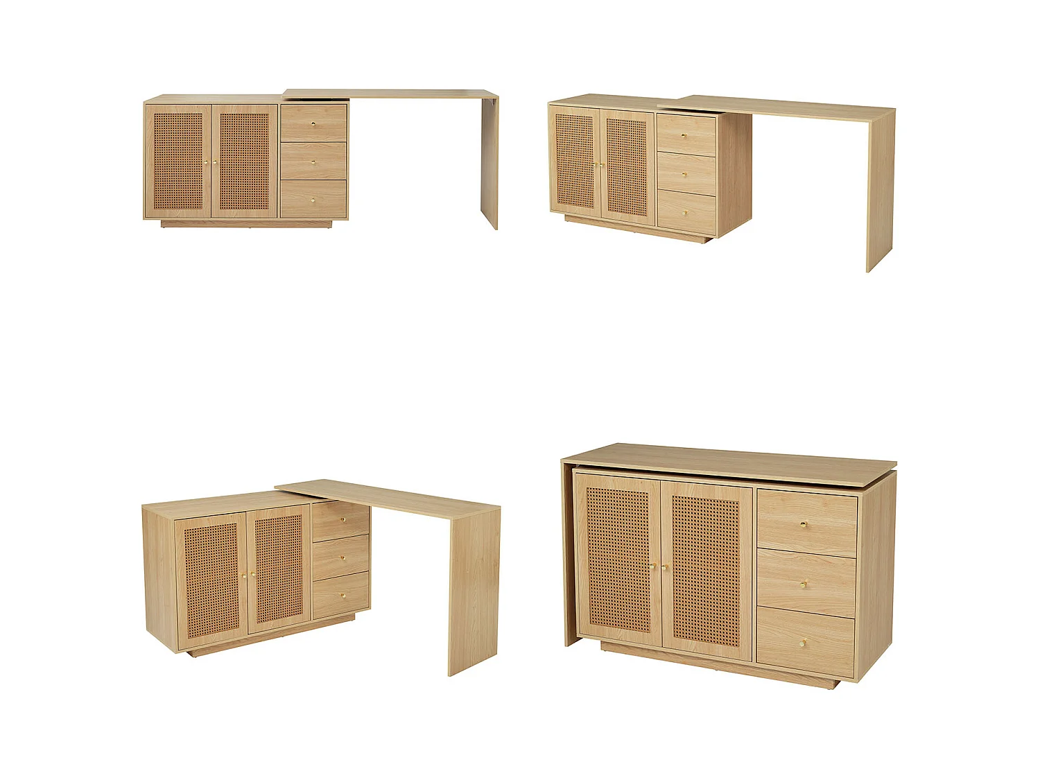 Bureau d’angle rotatif multifonction avec portes en rotin 3 tiroirs et rangement intégré, DICCPER