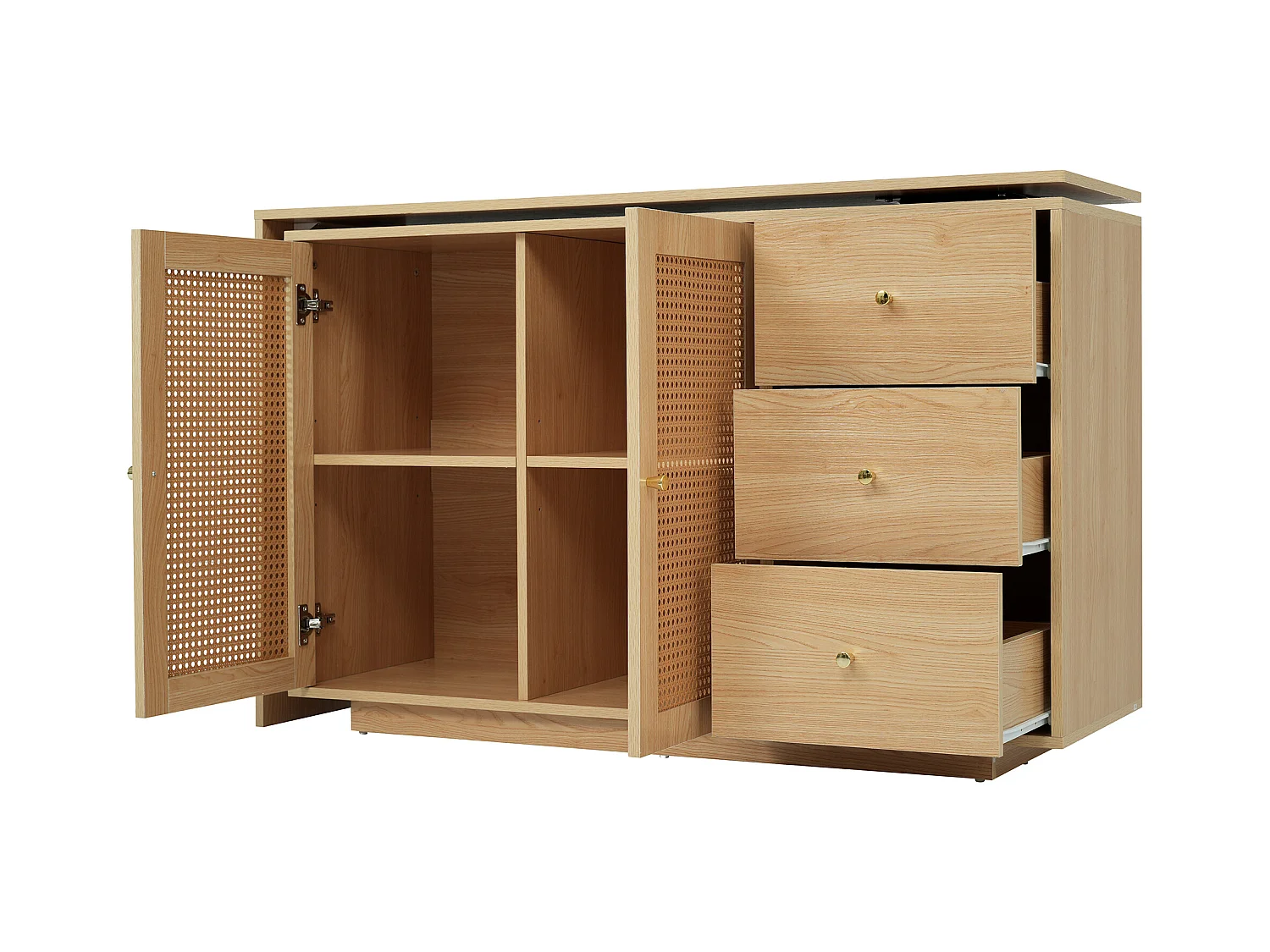 Bureau d’angle rotatif multifonction avec portes en rotin 3 tiroirs et rangement intégré, DICCPER