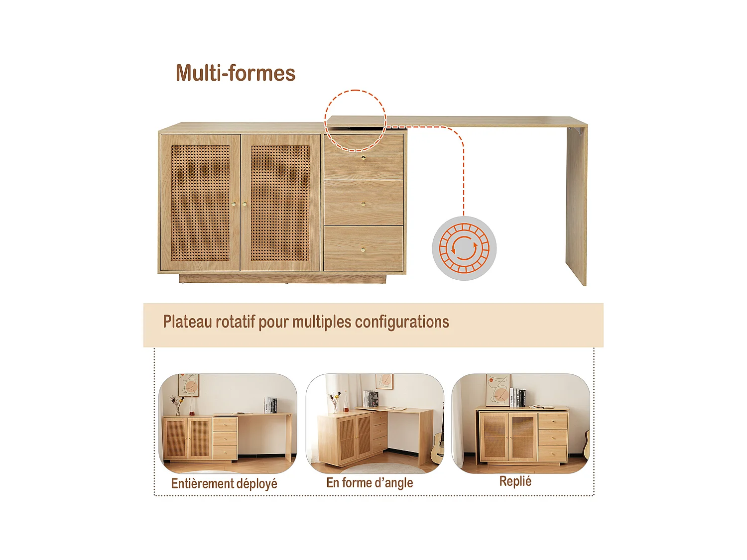 Bureau d’angle rotatif multifonction avec portes en rotin 3 tiroirs et rangement intégré, DICCPER