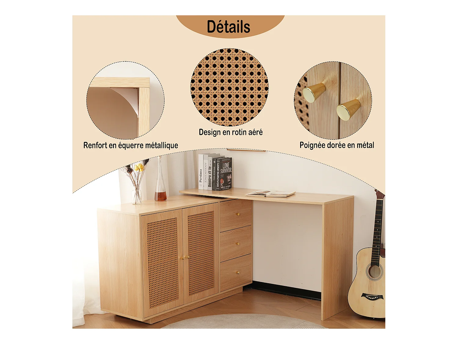 Bureau d’angle rotatif multifonction avec portes en rotin 3 tiroirs et rangement intégré, DICCPER