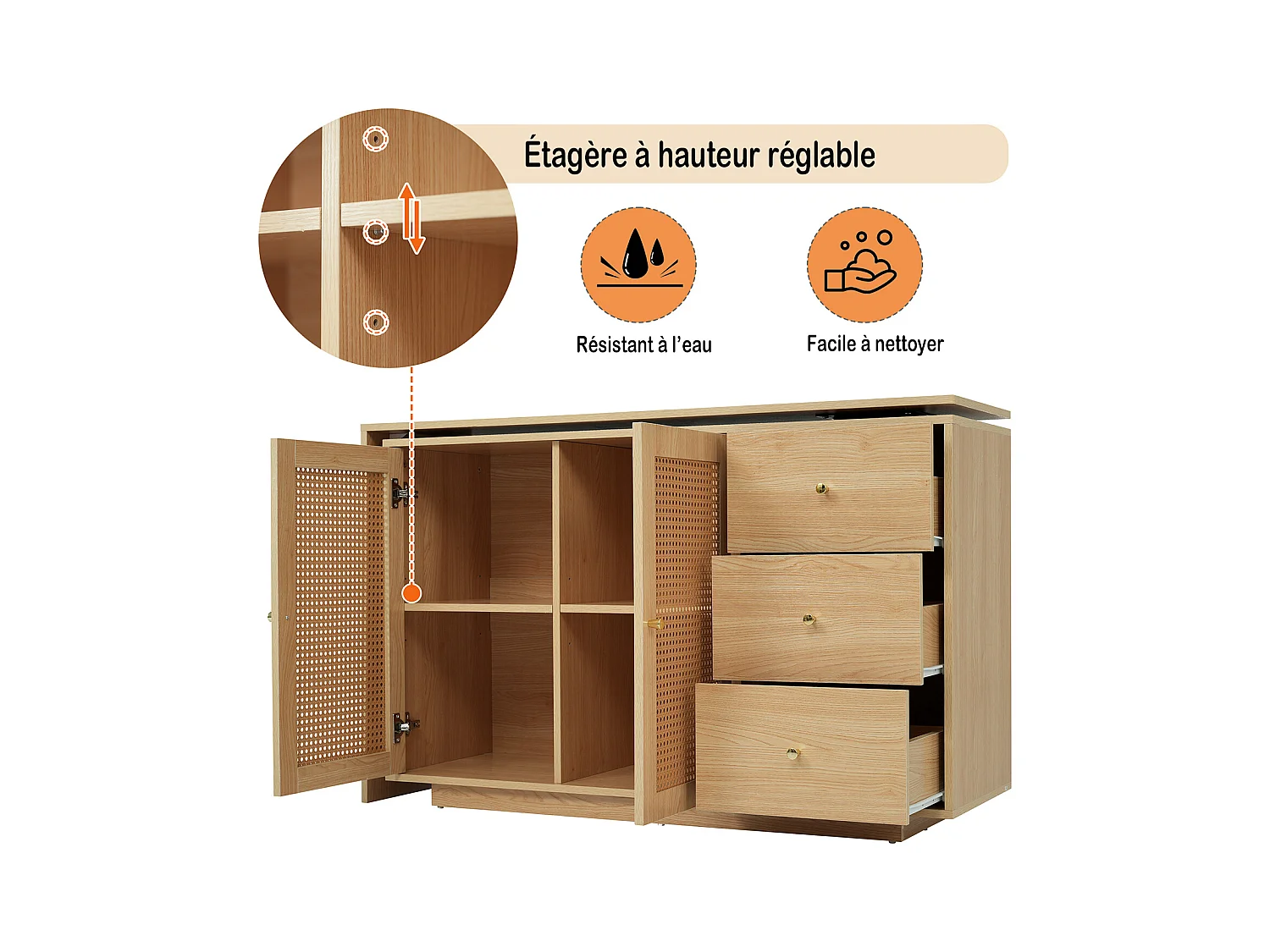 Bureau d’angle rotatif multifonction avec portes en rotin 3 tiroirs et rangement intégré, DICCPER