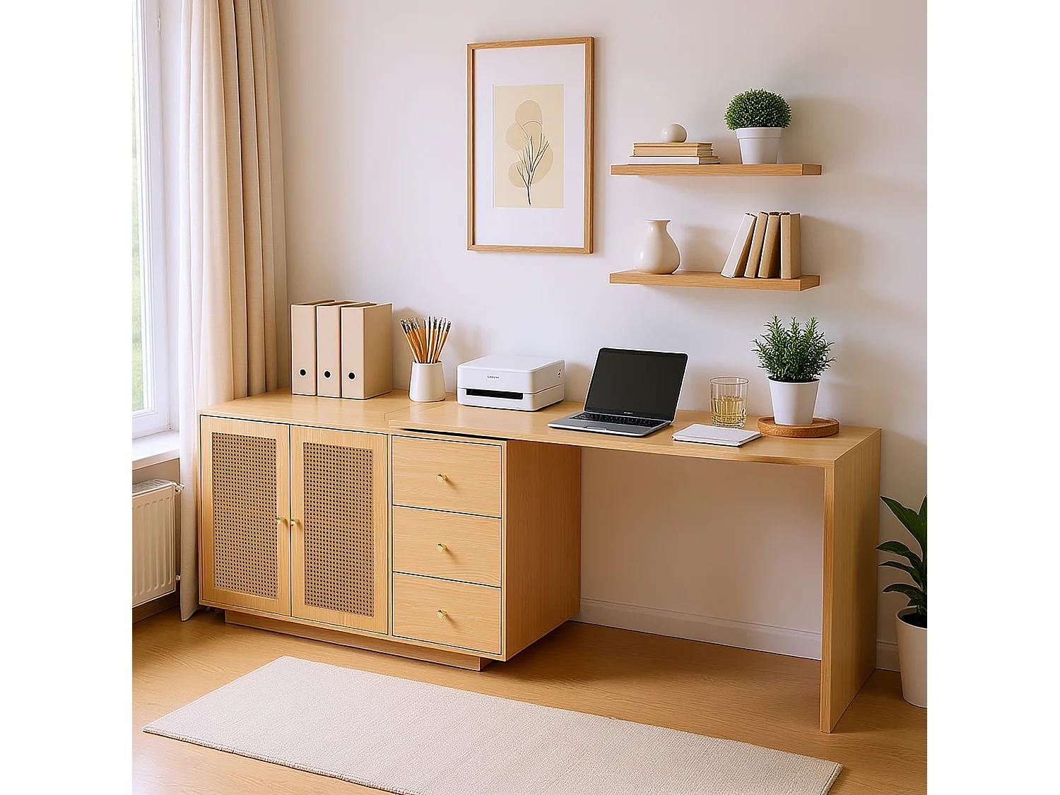 Bureau d’angle rotatif multifonction avec portes en rotin 3 tiroirs et rangement intégré, DICCPER