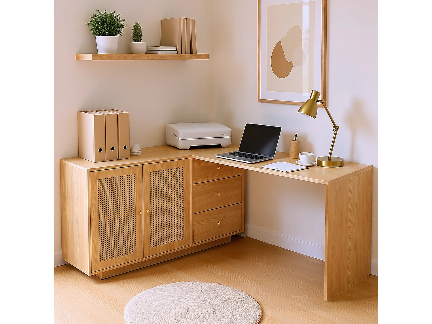 Bureau d’angle rotatif multifonction avec portes en rotin 3 tiroirs et rangement intégré, DICCPER