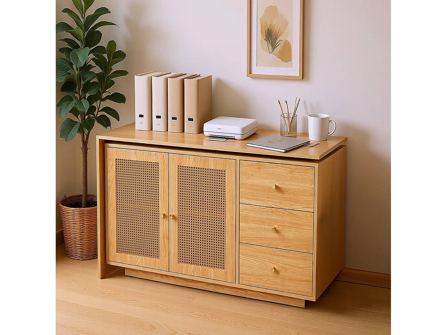 Bureau d’angle rotatif multifonction avec portes en rotin 3 tiroirs et rangement intégré, DICCPER